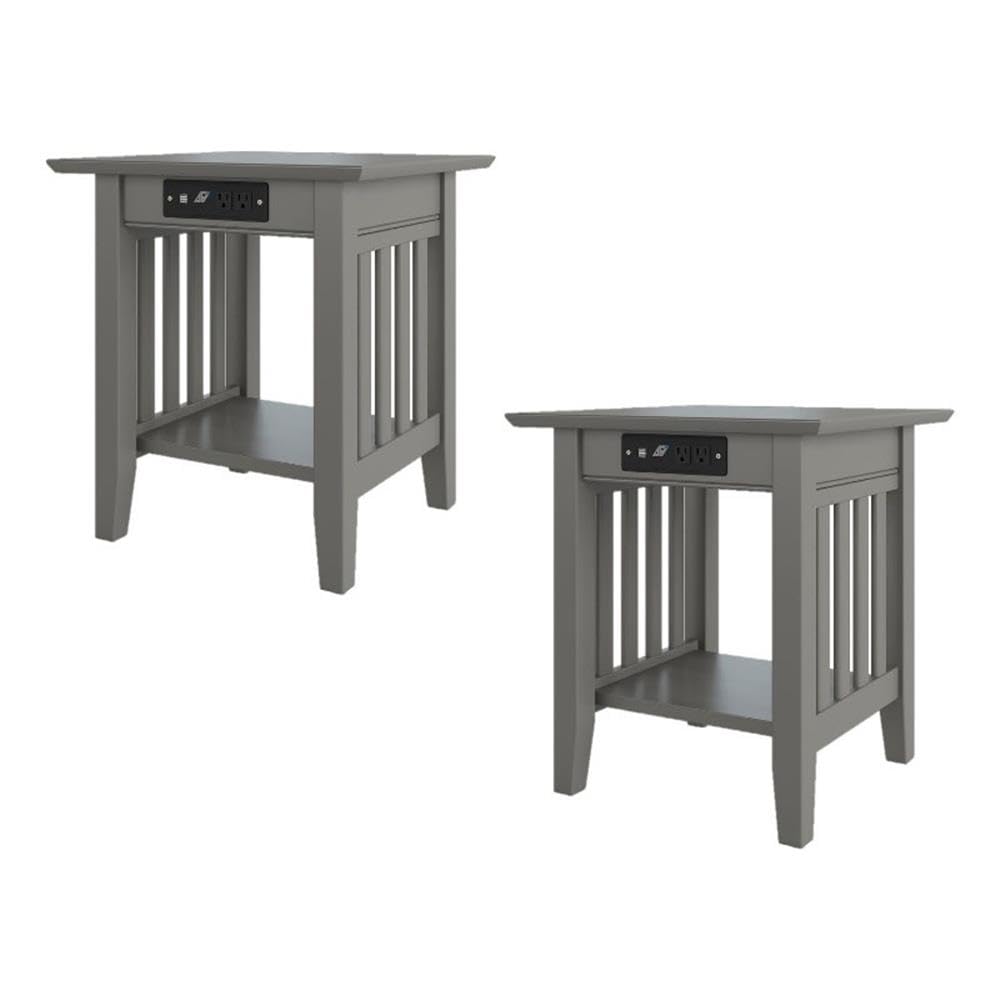 AFI Mission Solid Hardwood End Table with USB Charger - Set of 2, 20 Inch, Grey - Perfect for Living Room, Bedroom, or Office Side Table with Convenient Charging Station