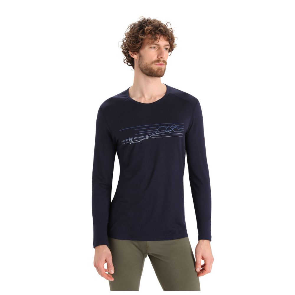 Icebreaker Men's 200 Oasis Long Sleeve Crew Neck Thermal Base Layer - Ski Stripes Midnight Navy - Merino Wool Shirt for Skiing, Hiking & Winter Outdoor Activities