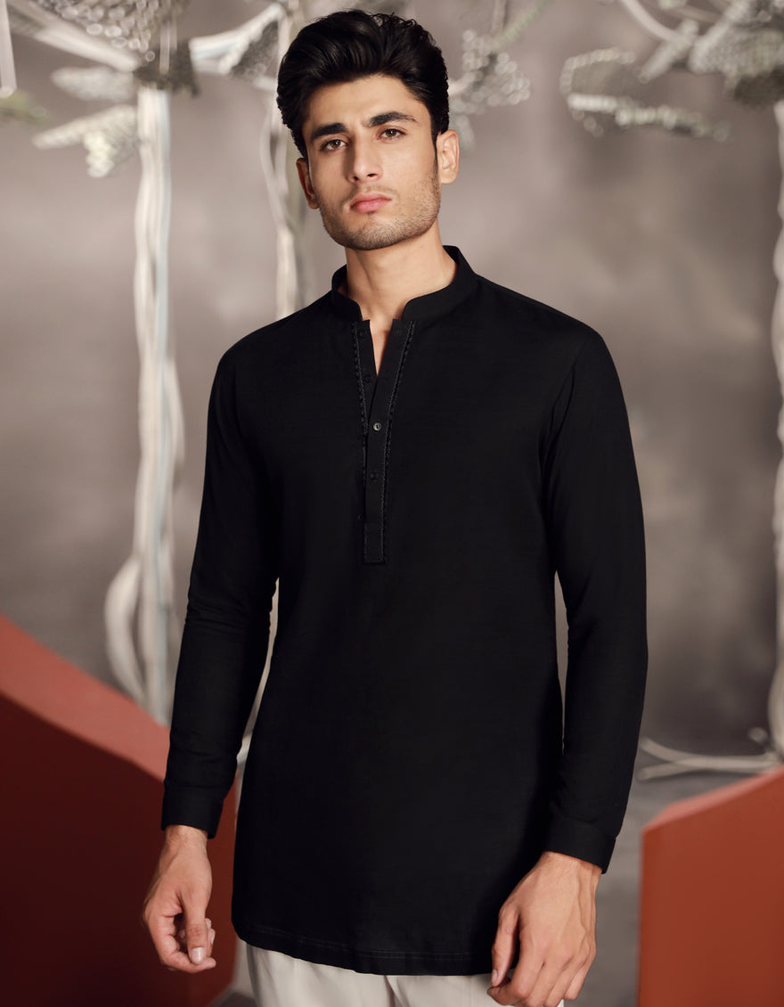 J. Junaid Jamshed Black Cotton Kurta for Men - Traditional Pakistani Indian Ethnic Wear for Weddings & Festivals