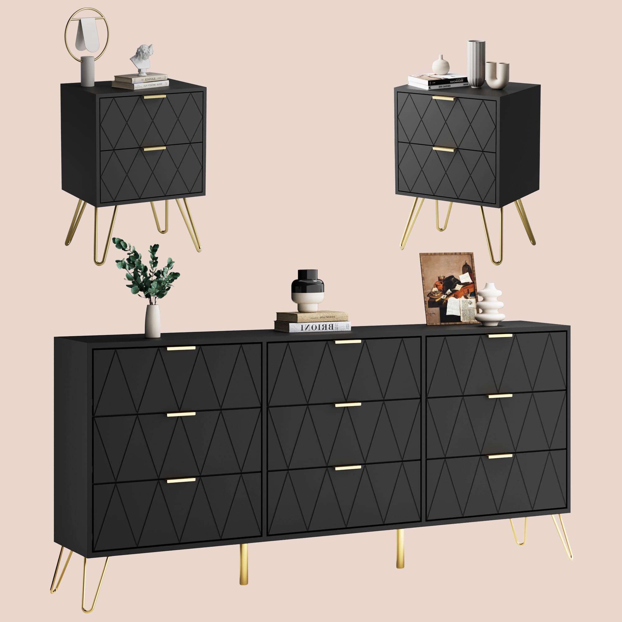 Anbuy 9-Drawer Dresser and Nightstand Set for Bedroom - 3-Piece Furniture Combo with 2 Nightstands & 9-Drawer Chest (Black) - Perfect for Master Bedroom, Guest Room, and Apartment Storage Solutions