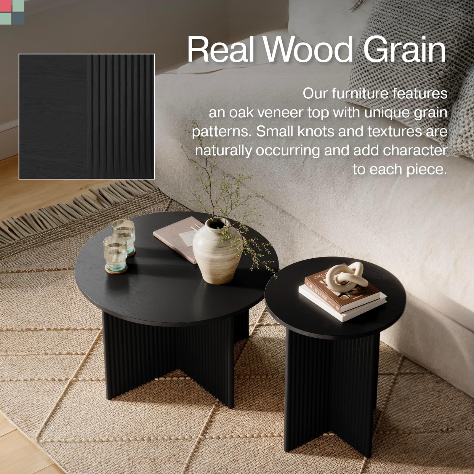 Round Fluted Nesting Coffee Tables Set of 2 - Modern Solid Wood Base & Wood Grain Veneer Top Drink Tables - Blackened Oak Home Decor for Living Room - Perfect for Small Spaces & Entertaining Guests
