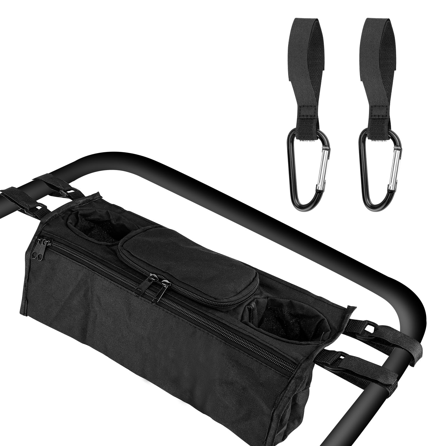 Wonderfold & Jeep Wagon Stroller Organizer with Cup Holders - Anti-Slip Baby Stroller Accessories with 2 Zippered Pockets, Adjustable Straps & Hooks - Perfect for Diaper Bags, Snacks & Drinks on Walks, Park Visits & Shopping Trips