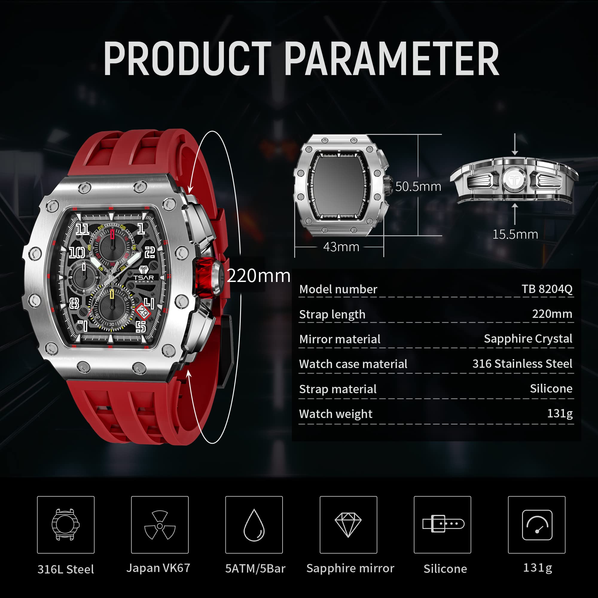 Luxury Men's Watch - 50M Waterproof Tonneau Chronograph with Japanese Quartz Movement & Silicone Band - Perfect for Business, Casual Wear & Gifts