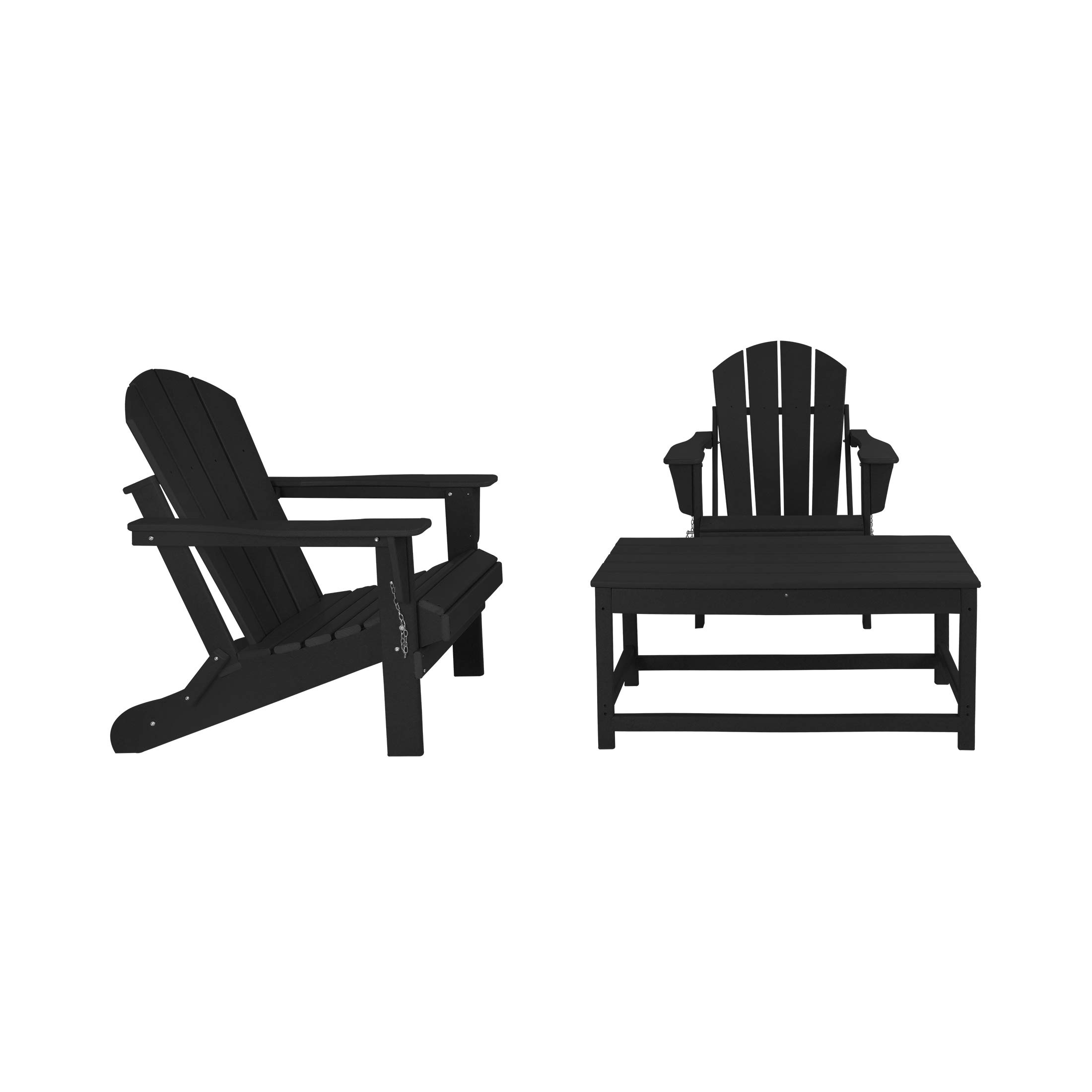 WO Home Furniture 3-Piece Outdoor Adirondack Chair Set with Coffee Table - Weather & UV Resistant Folding Chairs for Lawn, Garden, Bonfire, Balcony, Patio - Perfect for Relaxing, Entertaining & Outdoor Gatherings (Black)
