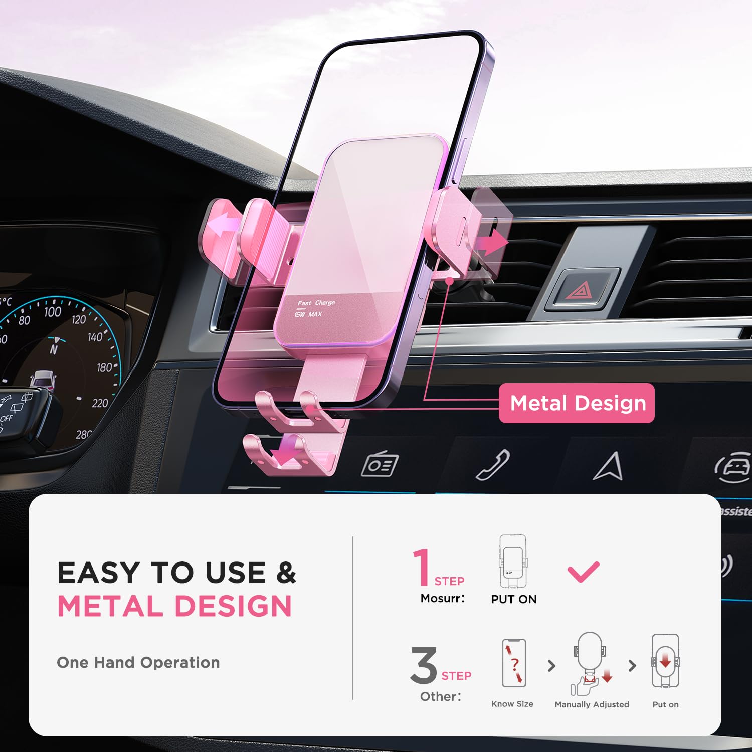15W Auto Clamping Wireless Car Charger with 7 Color LED Backlit - Universal Phone Mount Holder for iPhone 14/13/12/11/X, Samsung Galaxy S23/S22/S21/S10/Note 20 (Pink) - Perfect for Hands-Free Charging While Driving