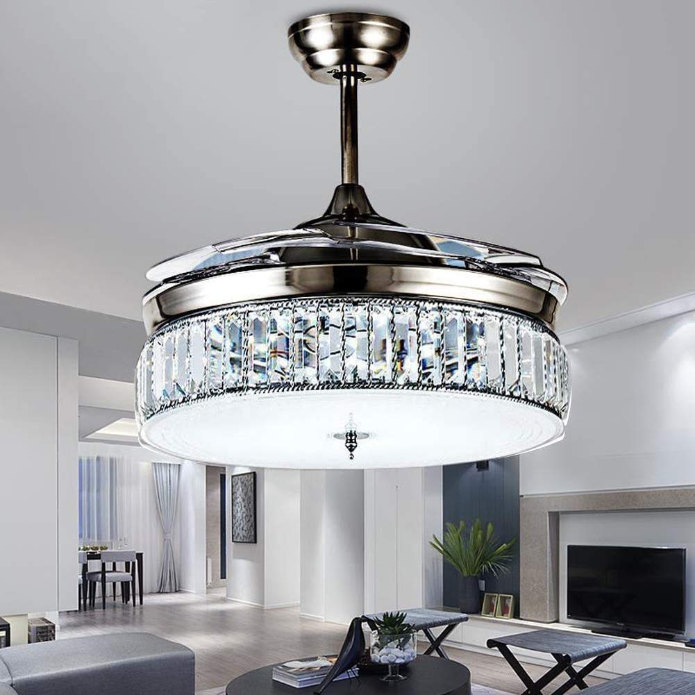 36 Inch Retractable Crystal Ceiling Fan with Light & Remote Control - 4-Blade Invisible Chandelier Fan for Living Room, Bedroom & Dining Room (Silver) - Energy Efficient Cooling & Stylish Home Decor