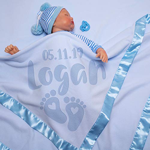 Personalized Baby Blanket - Large 36x36 Inch with Satin Trim & Soft Fleece - Custom Hearts and Feet Design in Blue - Perfect Baby Shower Gift for Boys & Girls - Ideal for Newborn Swaddling, Nursery Decor, and Keepsake Memories