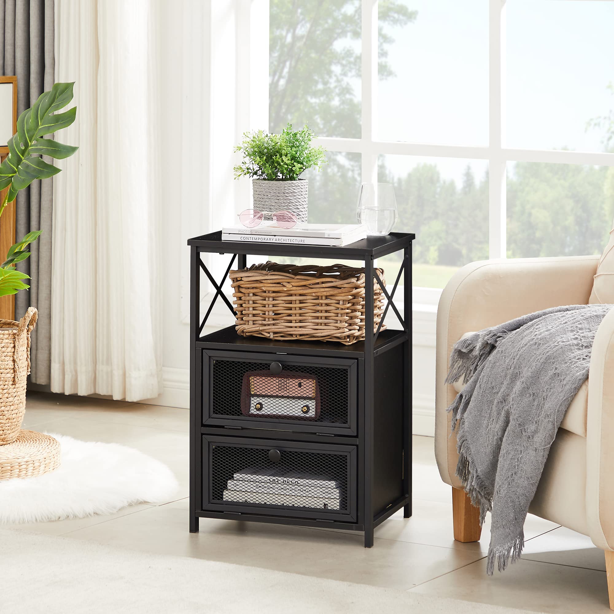 VECELO 2-Piece Modern End Side Table Set with Storage Space & Door - Nightstand for Bedroom, Living Room, Lounge - Antique Black Finish | Perfect for Small Spaces, Apartment Decor & Guest Room Essentials