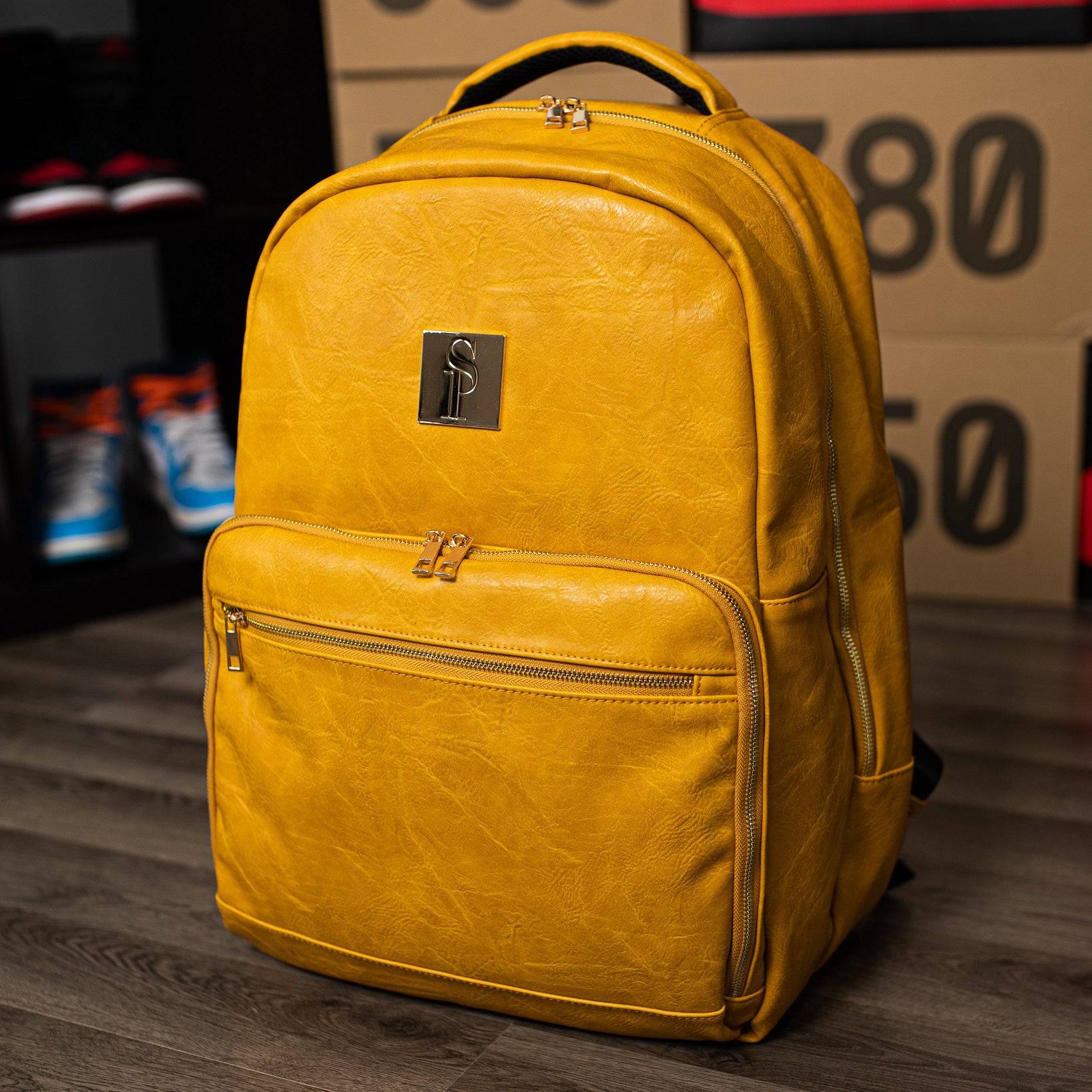 Premium Yellow Tumbled Leather Commuter Bag for Men & Women - Durable Work Backpack for Office, Travel & Daily Use