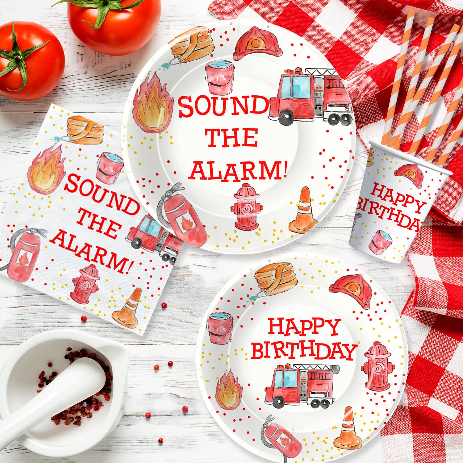 Fire Truck Birthday Party Supplies Set - 24-Piece Firefighter Themed Tableware Kit with Plates, Napkins, Tablecloth & Forks | Perfect for Fireman Birthday Party Decorations & Kids' Themed Celebrations