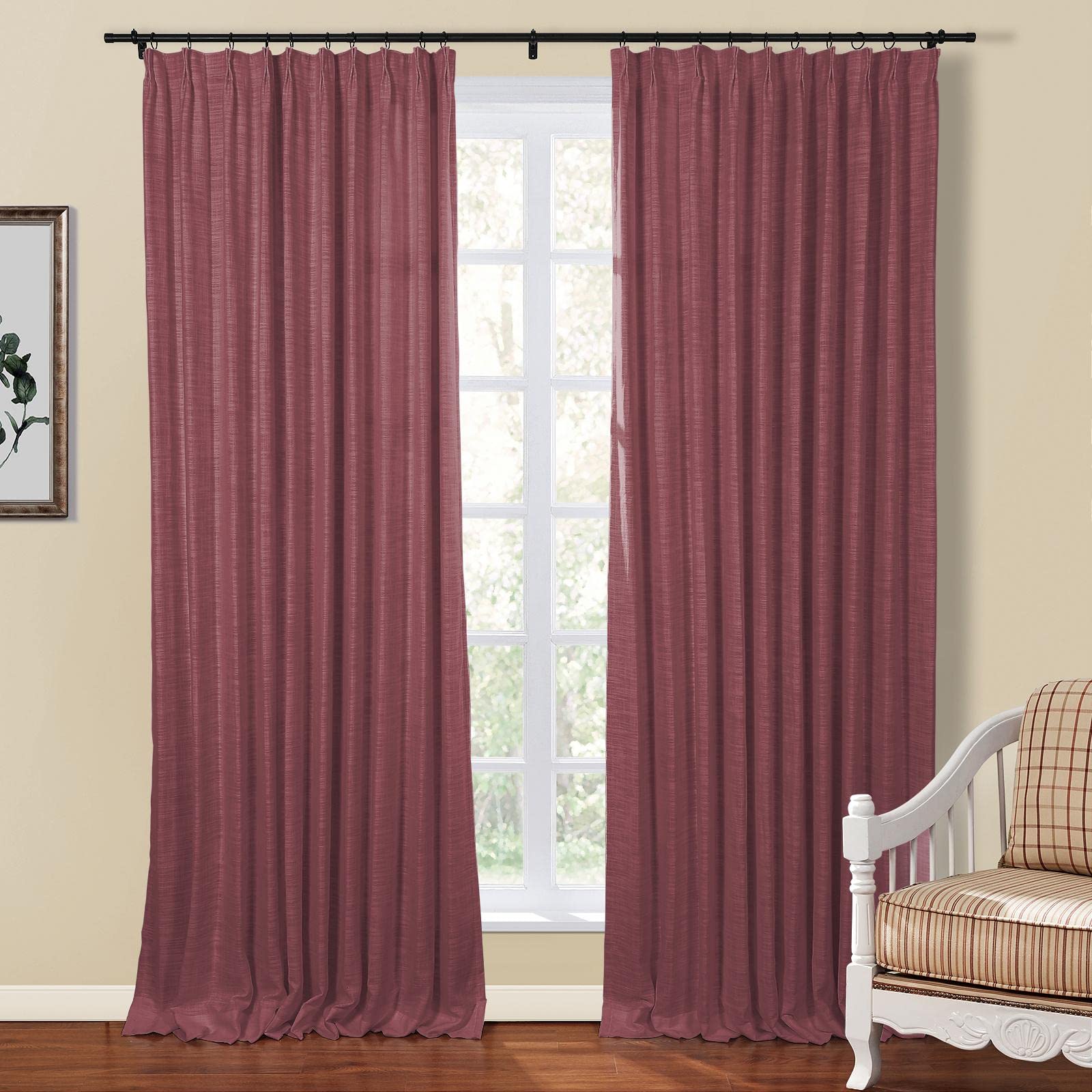 TWOPAGES Double Layer Lined Pinch Pleated Curtains - Burgundy Linen Blend Light Filtering & Room Darkening Window Panels (Set of 2, 26x96 Inches) - Perfect for Kitchen, Living Room & Bedroom Blackout Window Treatments