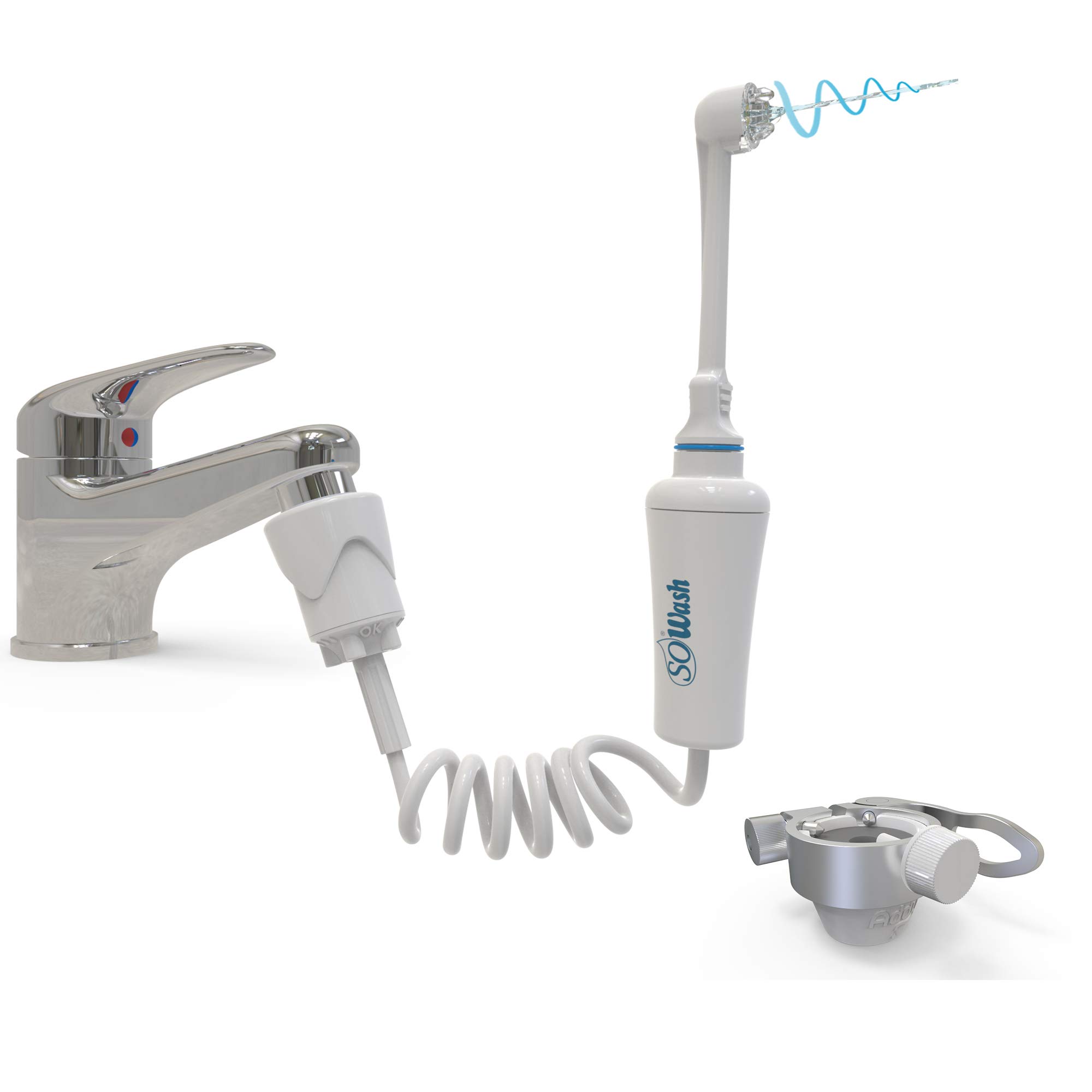 Idropulsore Dentale SoWash | Irrigatore Dentale Senza Batterie | Collega al Rubinetto | Adattatore Viaggio Addy | 3 Getti Convergenti | Prodotto Italiano | Ideale per Viaggi e Casa