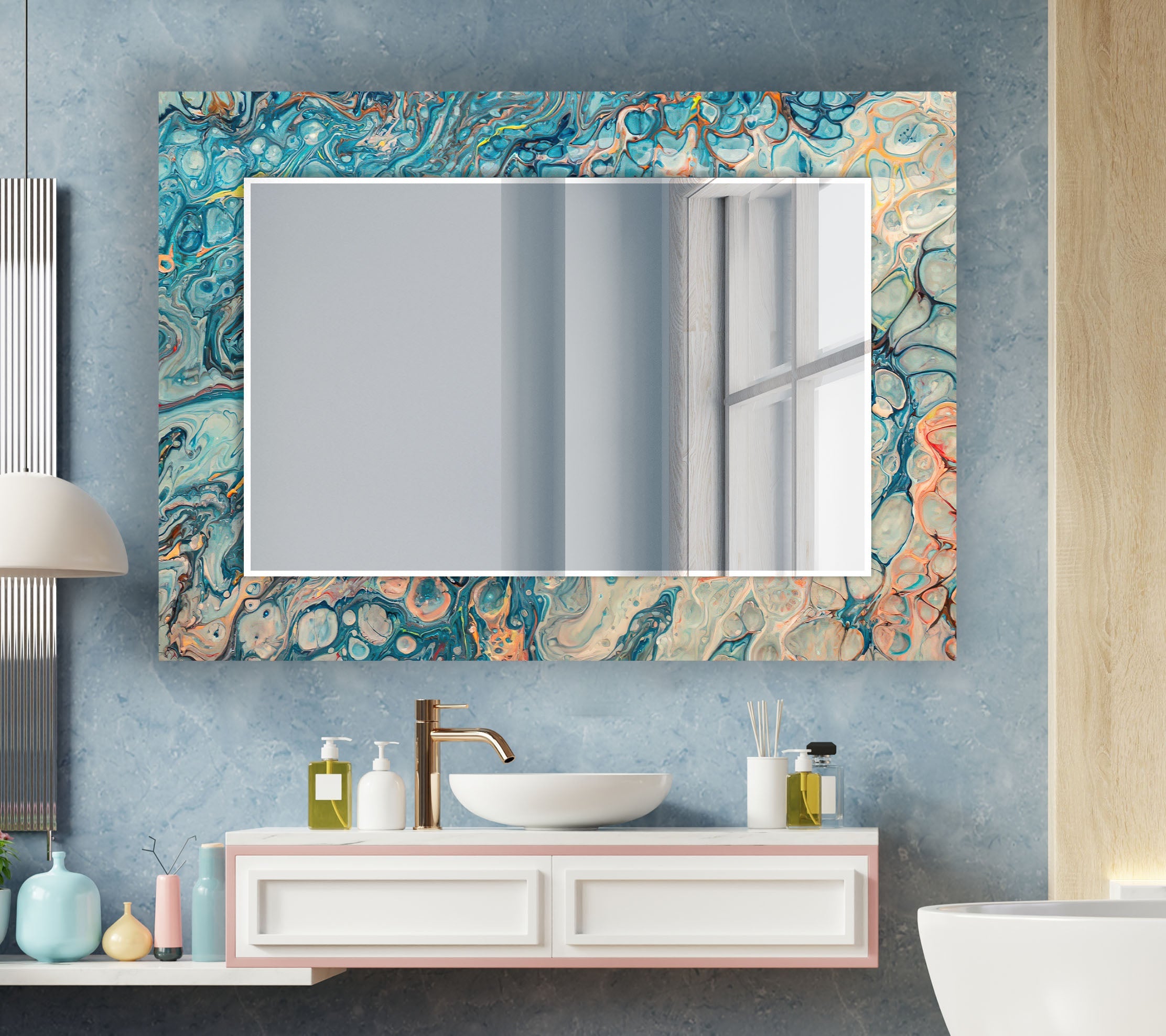 Blue & Beige Abstract Wall Mirror - Modern Decorative Round Mirror for Living Room, Bedroom, Entryway - Boho Home Decor Accent Piece for Wall Hanging