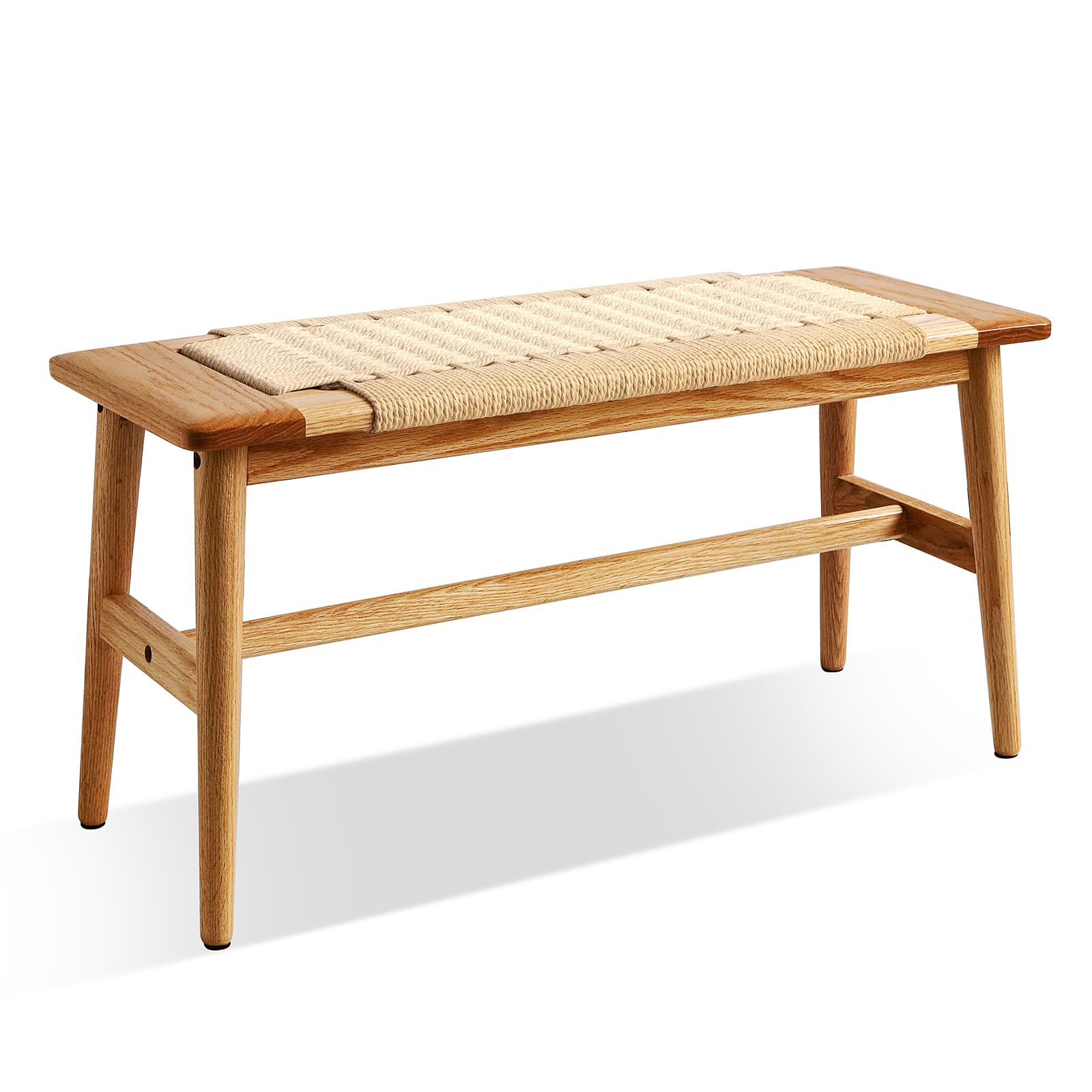 Wayshome 100% Solid Oak Wood Bench - Handwoven Seat with Sturdy Legs | Entryway, Bedroom & Dining Room Bench | Natural Wood Finish for Home Decor & Farmhouse Style