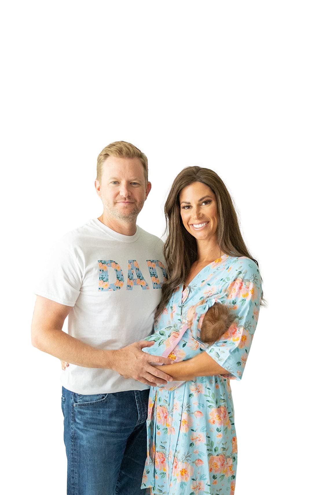 Baby Be Mine Maternity Nursing Robe, Baby Girl Swaddle Blanket & Daddy T-Shirt Set (S/M-S, Jade) - Soft Delivery Gown for New Moms, Newborn Swaddle & Matching Family Outfit for Hospital Birth & Photo Shoots