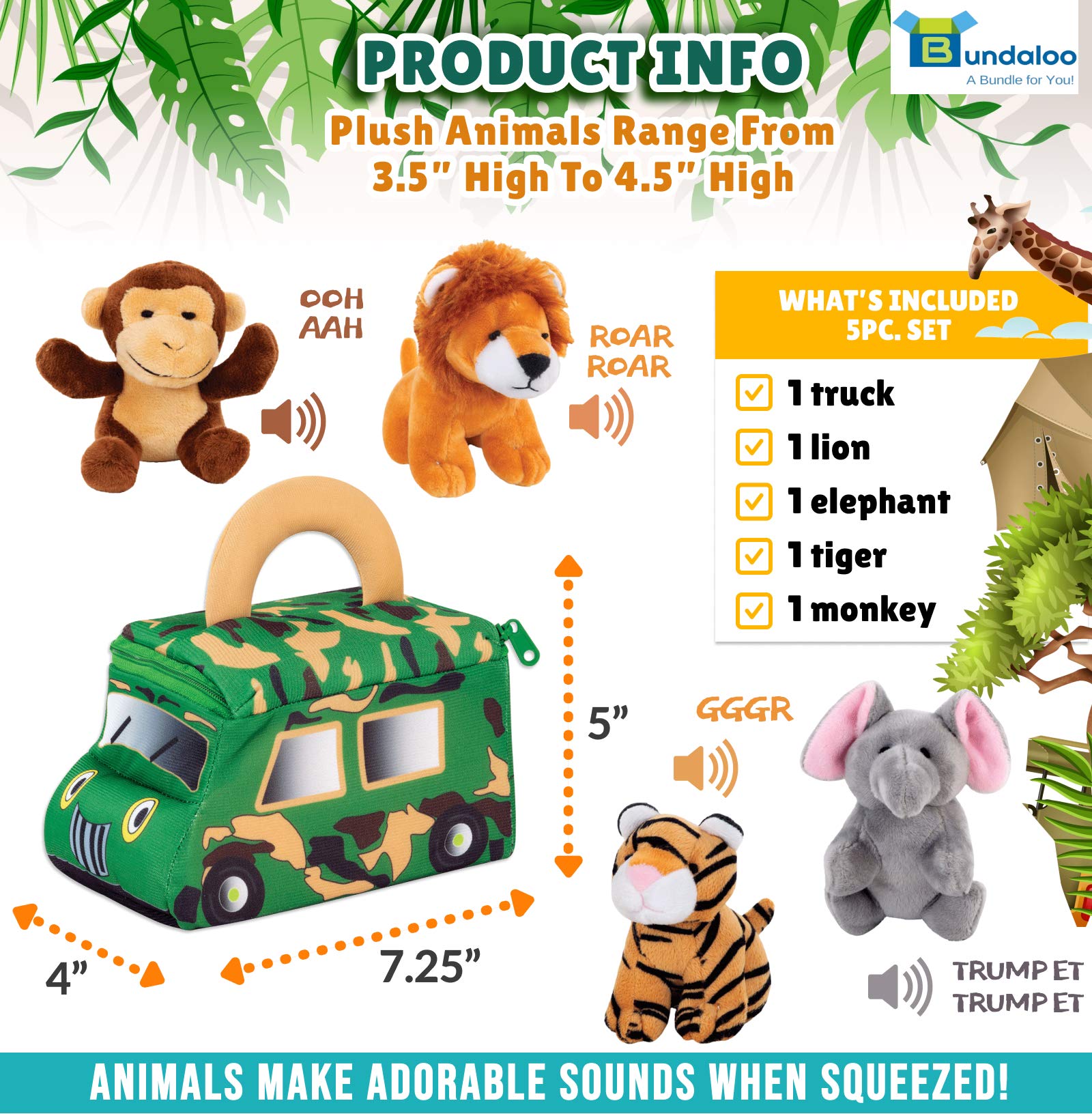 Bundaloo Plush Jungle Animals Set with Realistic Sounds - Soft Stuffed Animal Toys for Kids with Safari Truck Carrier - Mini Tiger, Lion, Monkey & Elephant - Perfect for Pretend Play, Nursery Decor & Safari-Themed Birthday Gifts