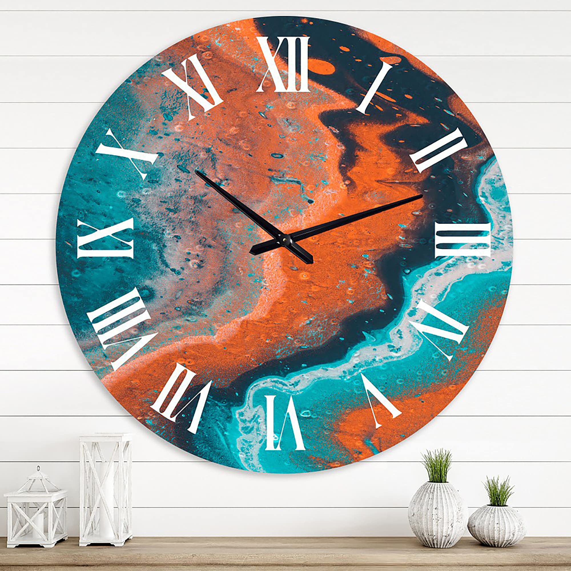 DesignQ Modern Abstract Marble Wall Clock - Blue & Orange Large Fractal Art Clock for Kitchen, Living Room, Office Decor | Silent Non-Ticking Home & Office Wall Decor