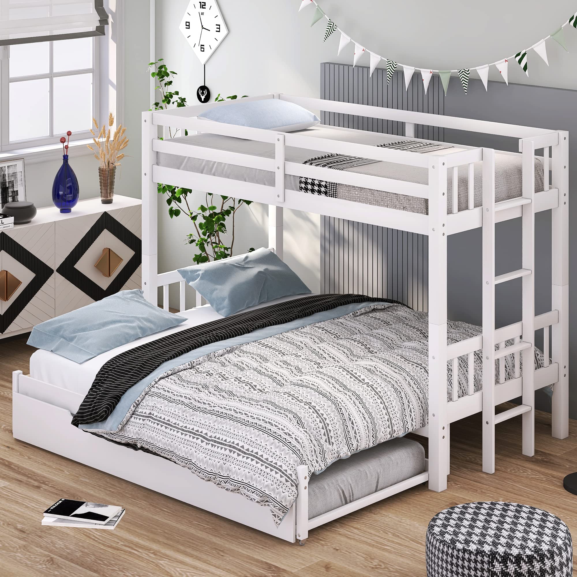 Solid Wood Twin Over Twin Bunk Bed with Trundle - Convertible to Two Twin Size Beds - Space-Saving Kids & Teens Bunk Bed for Small Bedrooms, Guest Rooms or Vacation Homes (White)
