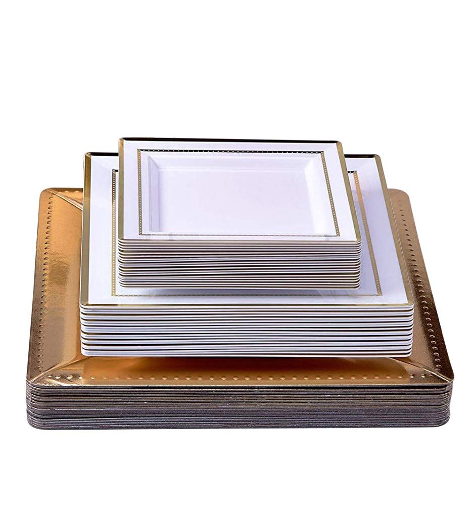 Premium Disposable Dinnerware Set - 120 Christmas Plates (Dazzling Square Collection in Gold) for Holiday Parties, Weddings & Special Events