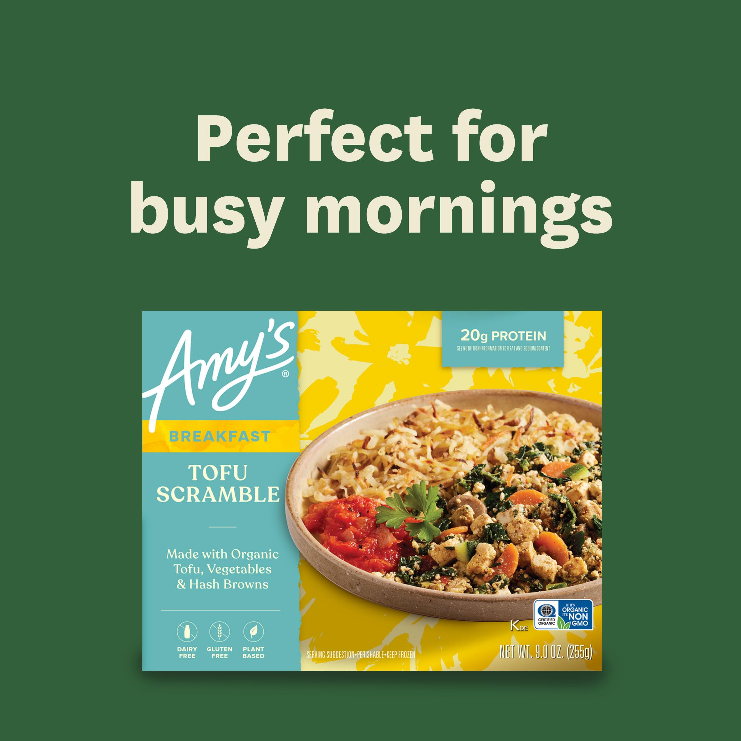 Amy's Vegan Tofu Scramble Frozen Meal - Organic Tofu with Vegetables & Hash Browns - Gluten Free, Microwave Ready - 9 Oz - Perfect for Quick Lunches, Office Meals & Healthy Vegan Dinners