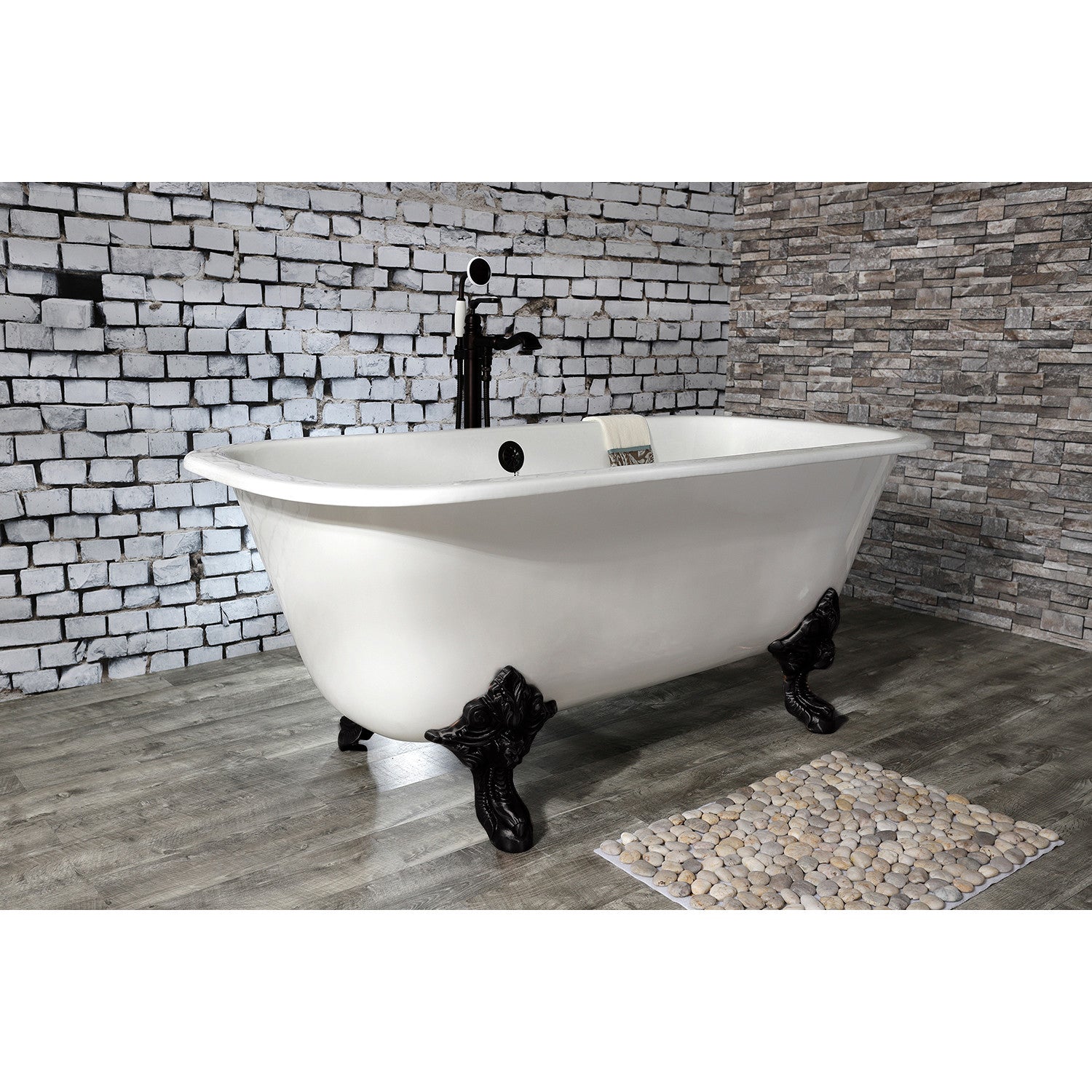 Aqua Eden 67 Inch White Matte Black Cast Iron Clawfoot Bathtub - Double Ended Rectangular Freestanding Tub (No Faucet Drillings) for Vintage Bathroom & Luxury Spa Retreat