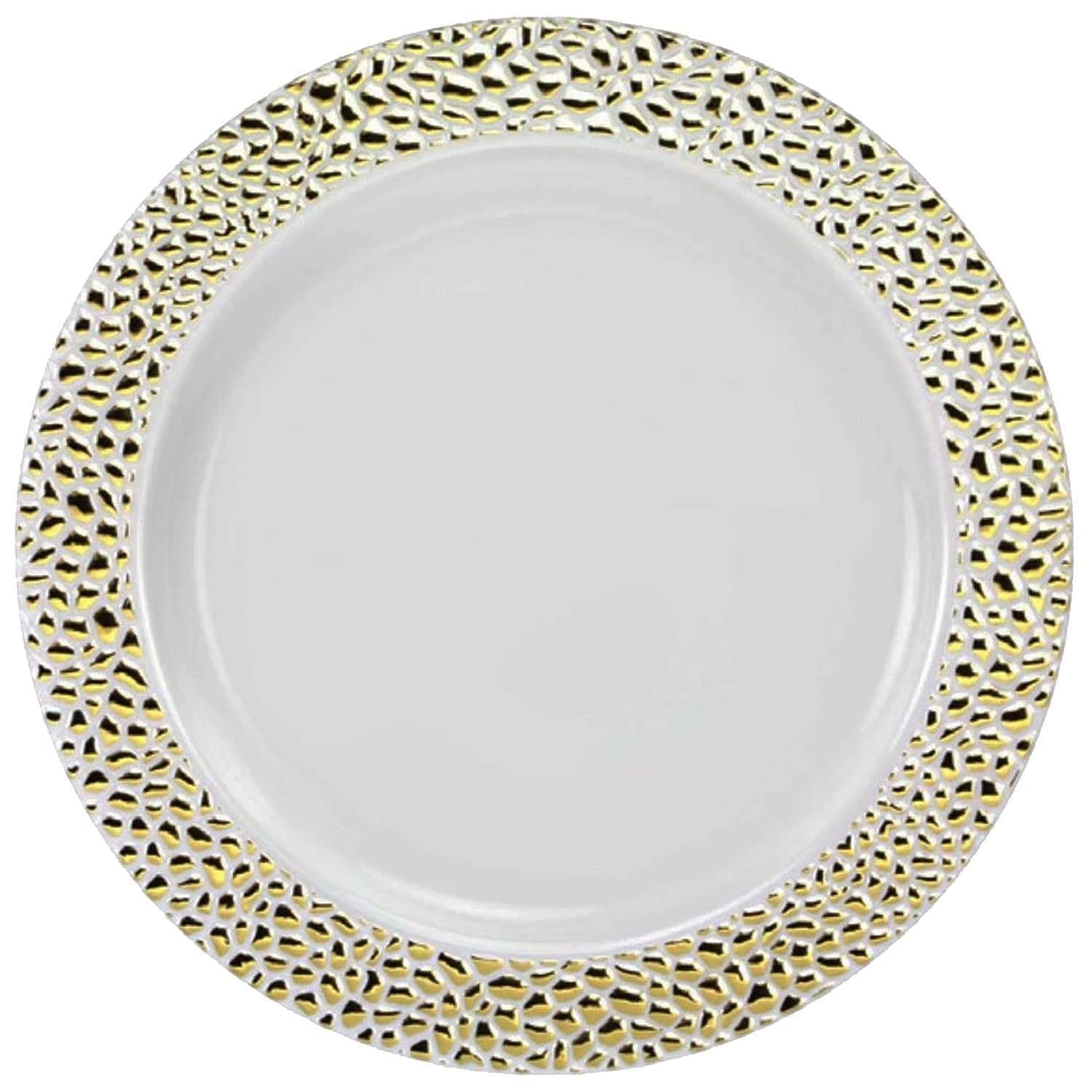 50 Pack Gold Rim Pebbled Plastic Dinner Plates 10.25 Inch - Elegant Tableware for Parties, Weddings, Catering & Everyday Use