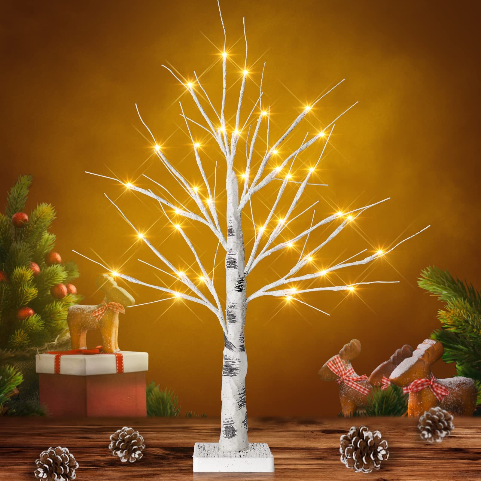 FastDeng 2FT Battery Powered LED Birch Tree with 36 Warm White Lights - Timer Function Tabletop Bonsai Decor for Home, Party, Wedding & Jewelry Display | Perfect for Nightstands, Mantels & Holiday Centerpieces