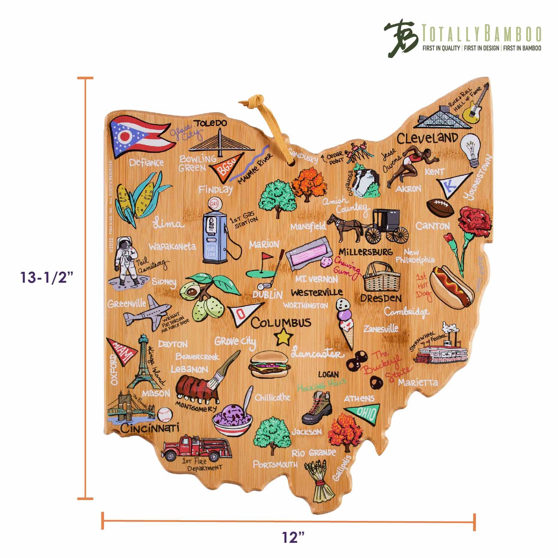 Premium Ohio Wood Cutting Board with Fish Kiss™ Artwork - Durable Kitchen Essential for Chopping, Serving & Decor