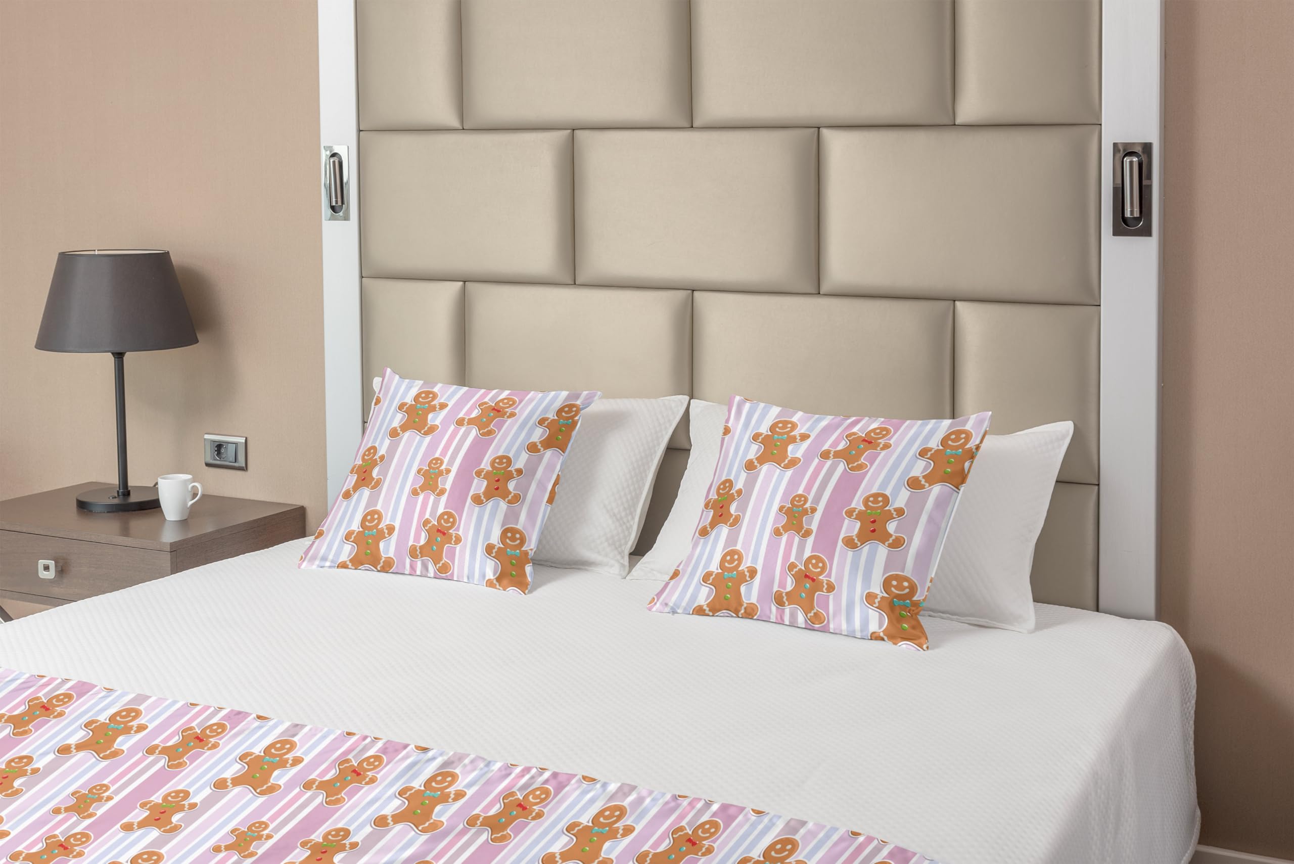 Ambesonne Gingerbread Man Christmas Bed Runner Set - Pastel Striped Bakery Themed Decorative Bed Scarf & Pillow Sham for Queen Size Beds - Perfect for Holiday Home Decor, Hotels & Cozy Winter Bedrooms