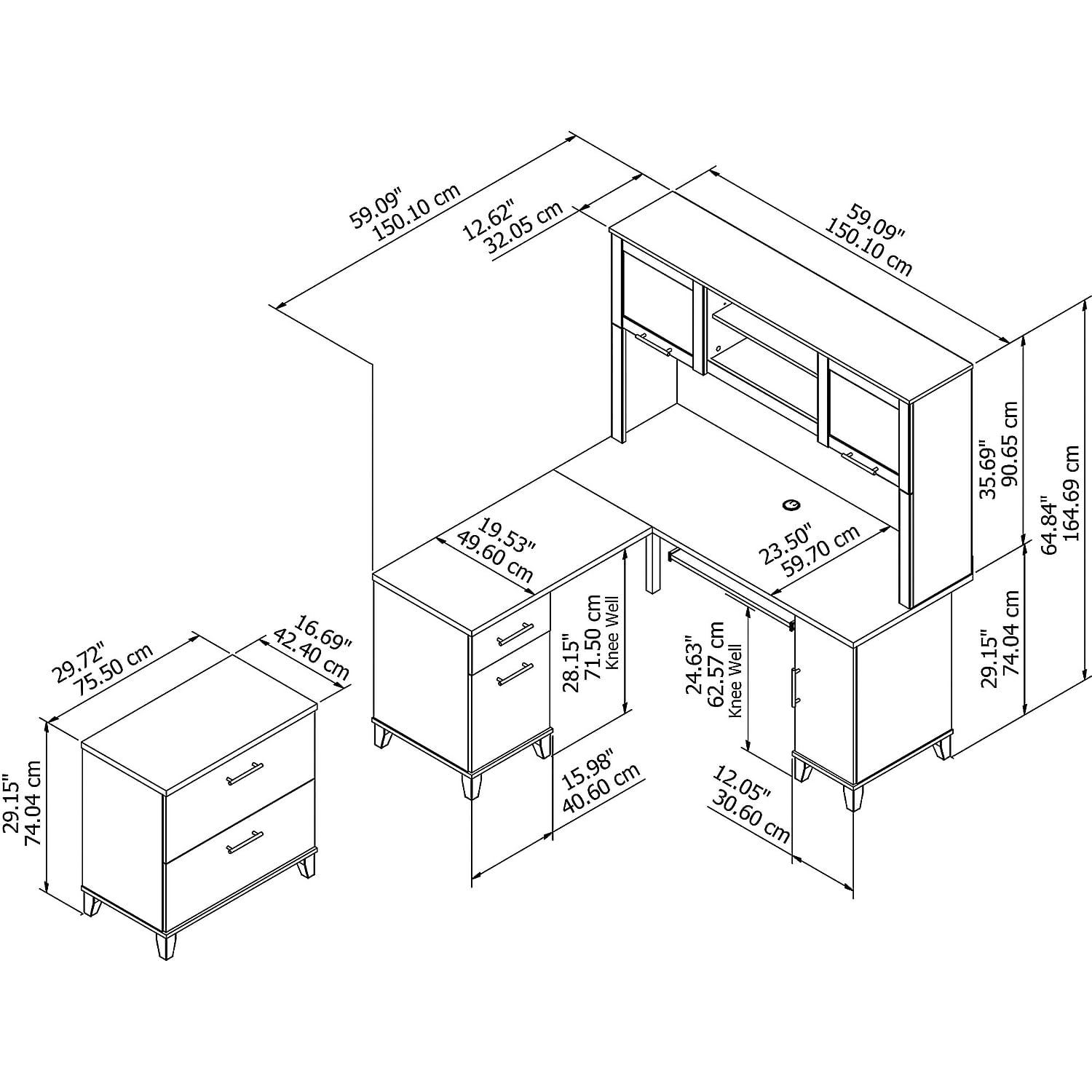 Bush Furniture Somerset L-Shaped Desk with Hutch & Lateral File Cabinet - Home Office Desk for Small Spaces, Workstation with Storage & Organization