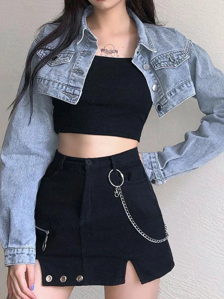 Vintage Long Sleeve Crop Denim Jacket for Women - Distressed Denim Bomber Jacket & Cardigan Coat - Spring & Fall Casual Outerwear - Perfect for Street Style, Date Nights & Weekend Outings