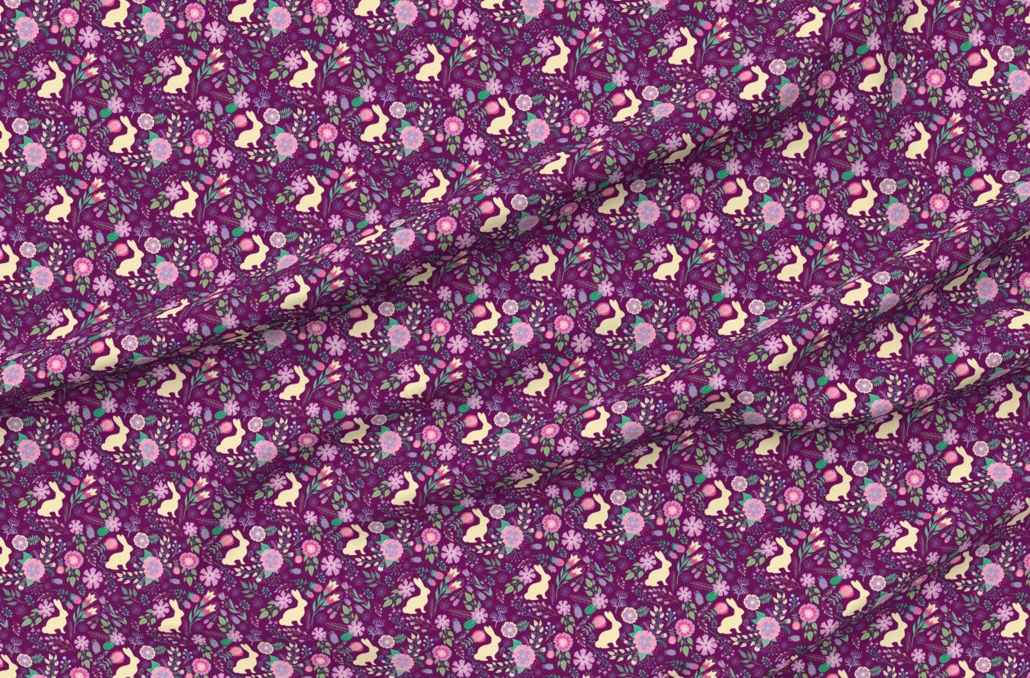Easter Bunnies Raspberry Spring Floral Wine Bunny Rabbit Flowers Printed on Petal Signature Cotton Fabric by The Yard - Premium Spoonflower Fabric for Sewing, Quilting, Apparel, Crafts & Home Decor - Perfect for Easter Decorations, Spring Dresses & DIY Projects