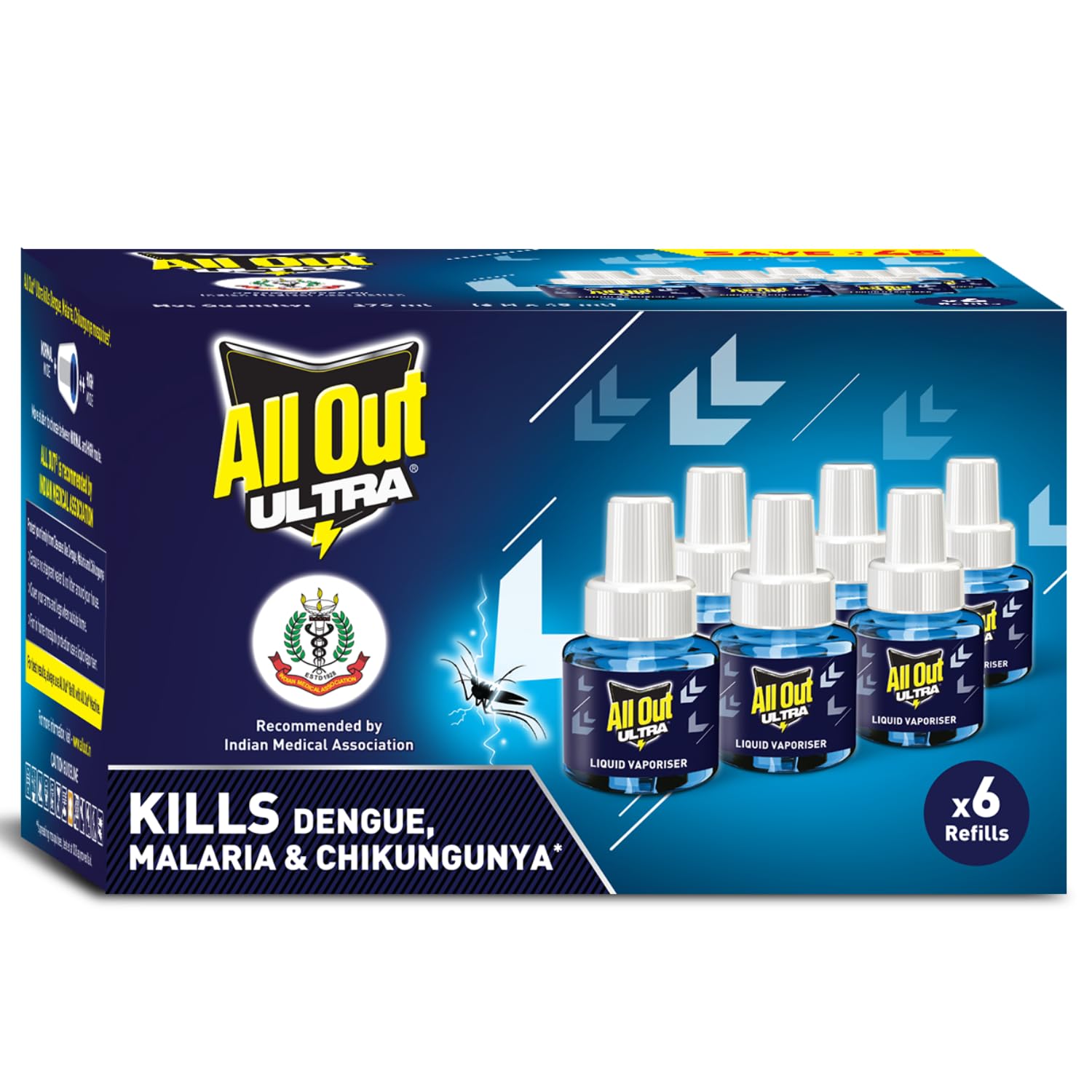 All Out Ultra Liquid Vaporizer - 6 Refills (45ml Each) | Powerful Mosquito Killer for Dengue, Malaria & Chikungunya Prevention | IMA Recommended | Ideal for Home, Bedroom & Outdoor Protection