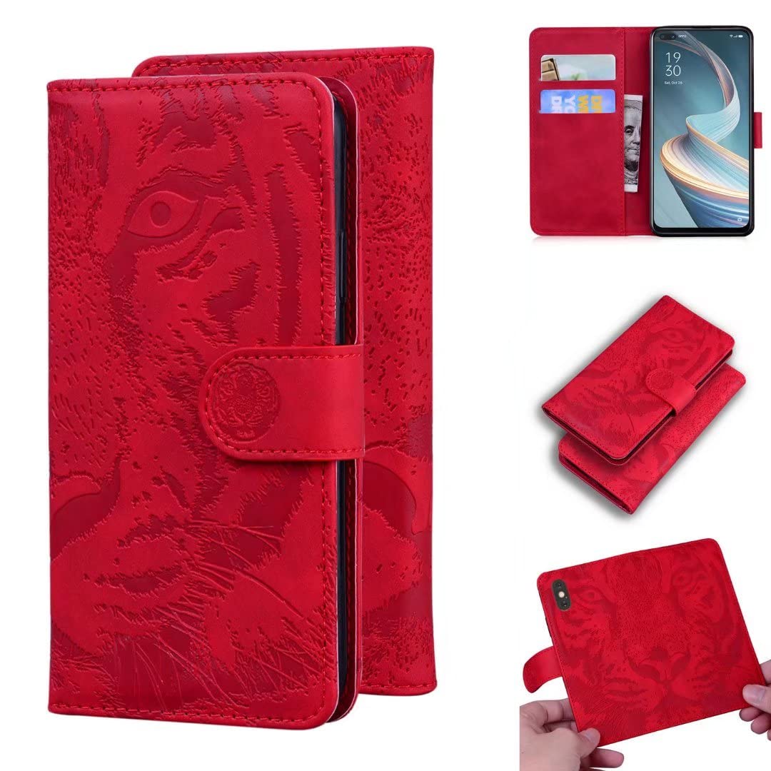 Premium ZXL Red Tiger Embossed Leather Wallet Case with Wrist Strap & Card Holder - Flip Cover Stand for Oppo A92S - Perfect for Daily Use, Travel & Business Meetings