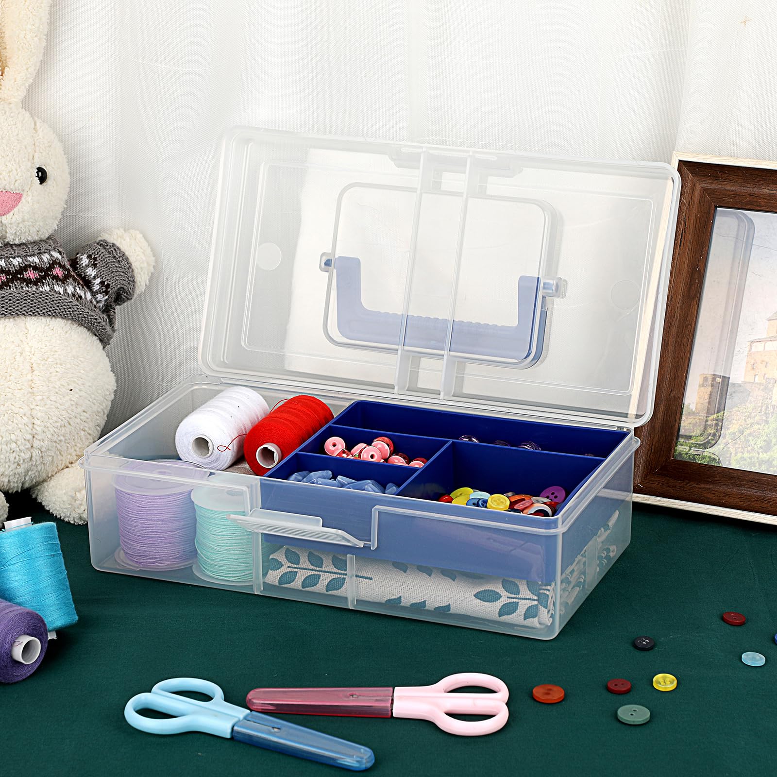 BTSKY Clear Plastic Storage Box with Removable Tray - Multipurpose Organizer for Stationery, Sewing Supplies, Art & Craft Materials - Portable Home Utility Box with Handle (Blue) - Perfect for Office, Craft Room & Home Organization
