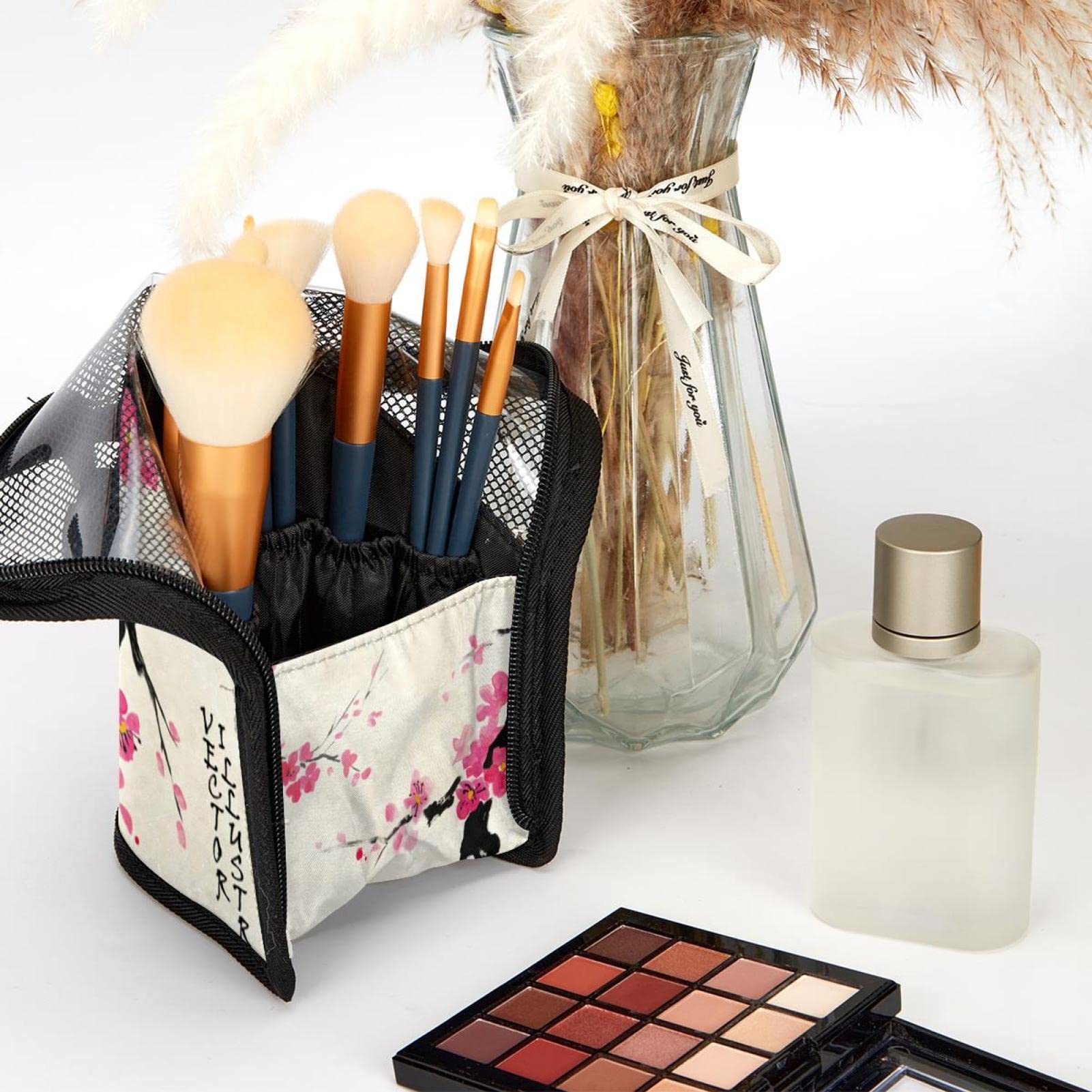 12-Piece Makeup Brush Organizer Bag with Traditional Japanese Cherry Blossom Design - Portable Cosmetic Brush Holder Case for Travel & Home Storage