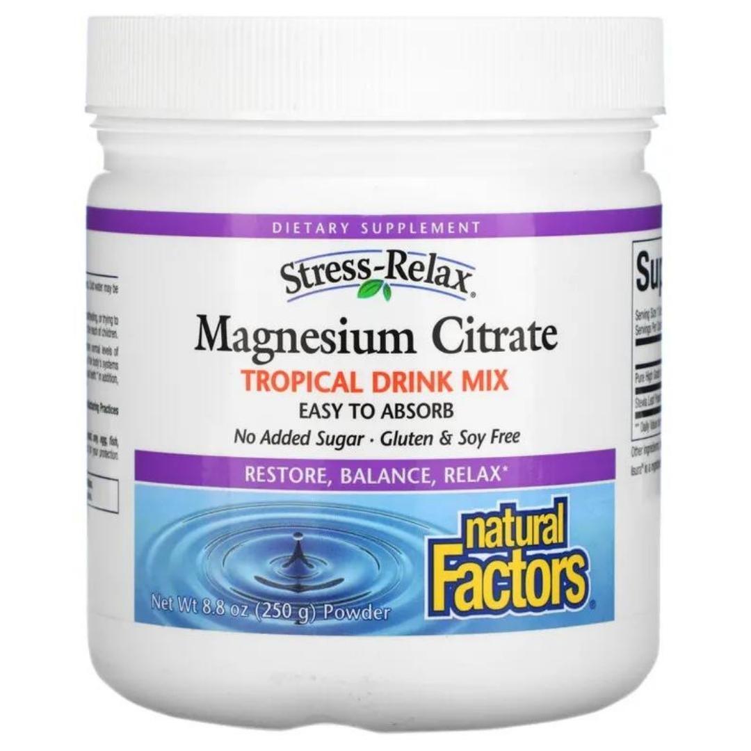 Natural Factors Magnesium Citrate Powder 300mg - Tropical Fruit Flavor, 250g for Muscle Relaxation, Sleep Support & Hydration - Perfect for Post-Workout Recovery & Stress Relief