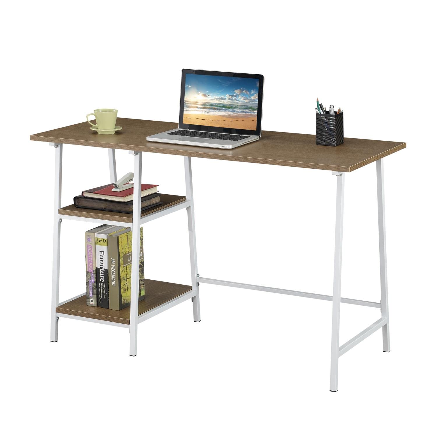 Convenience Concepts Designs2Go Trestle Wood Metal Desk - Driftwood & White Finish - Home Office Desk, Study Table, Writing Desk for Small Spaces & Dorm Rooms