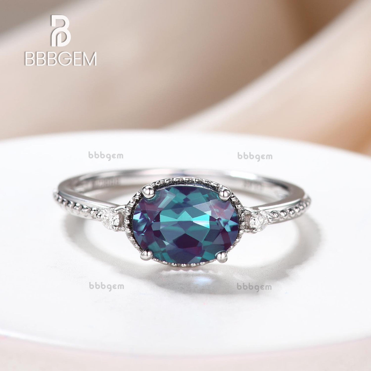 Milgrain Alexandrite Engagement Ring in Rose Gold - East to West Three Stone Ring for Women | Perfect for Weddings, Anniversaries & Proposals