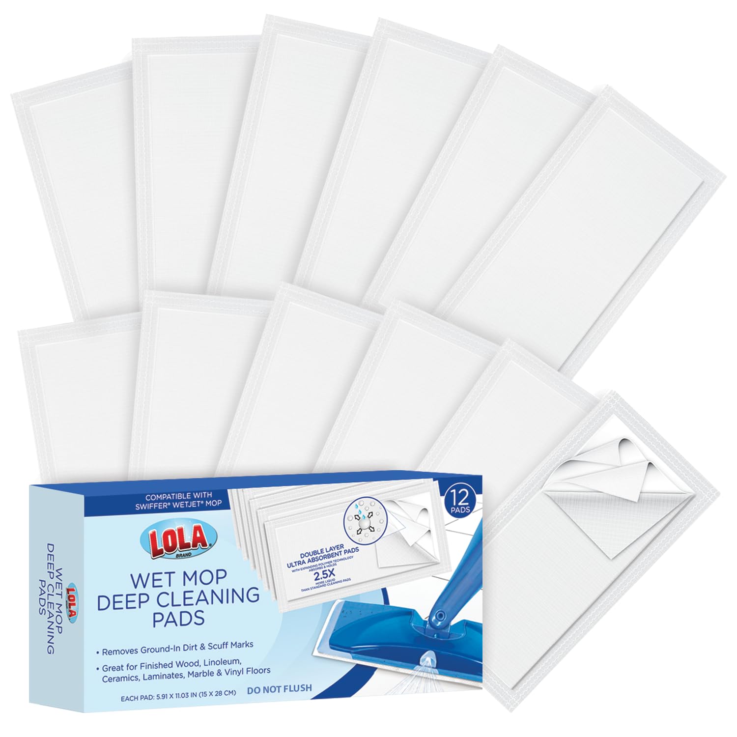 LOLA Products Wet Jet Refills - 12 Pack | Swiffer Wet Jet Mop Compatible Floor Cleaner Pads | Safe for Hardwood, Laminate, Vinyl, Tile & Marble Floors | Disposable Cleaning Pads for Quick & Easy Mopping | Perfect for Kitchens, Bathrooms & High-Traffic Areas
