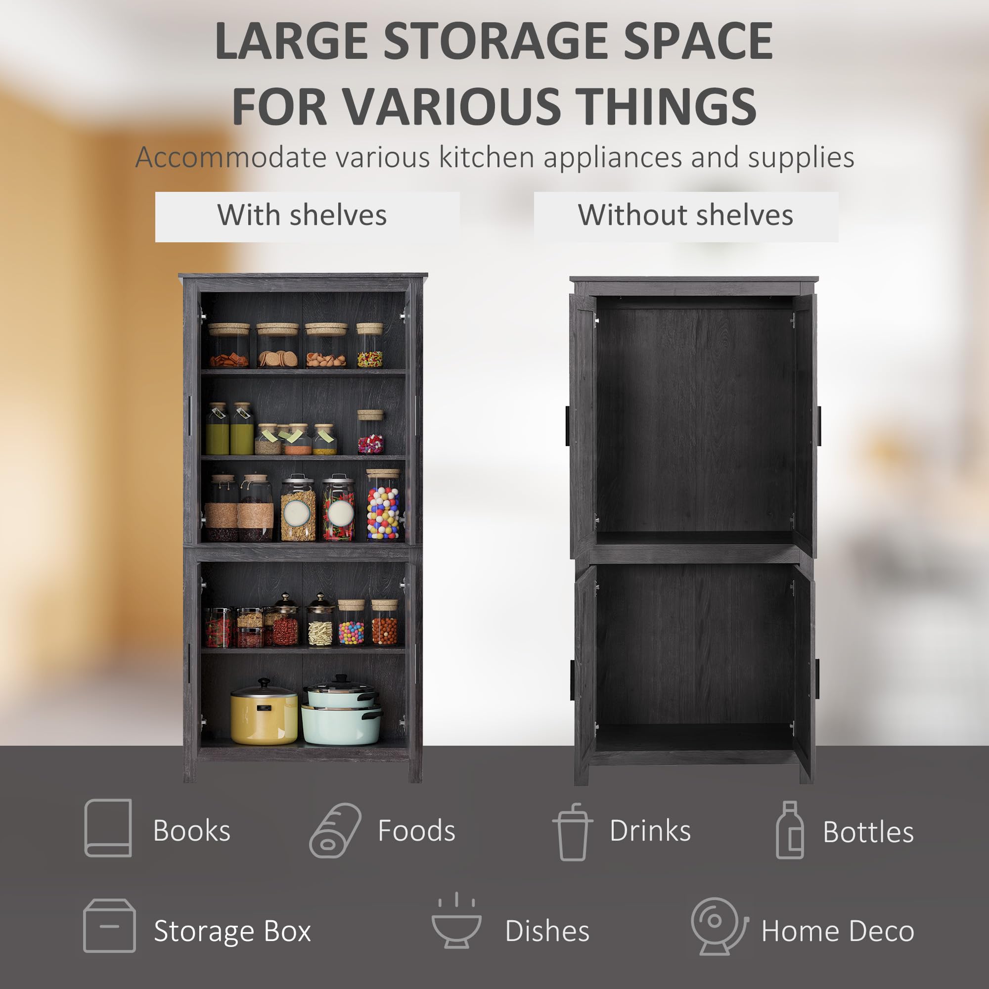 HOMCOM 64 Inch Kitchen Pantry Cabinet with 4 Doors & 3 Adjustable Shelves - Freestanding Storage Organizer for Dining Room, Kitchen, Pantry - Modern Gray Cabinet for Home Organization & Space Saving