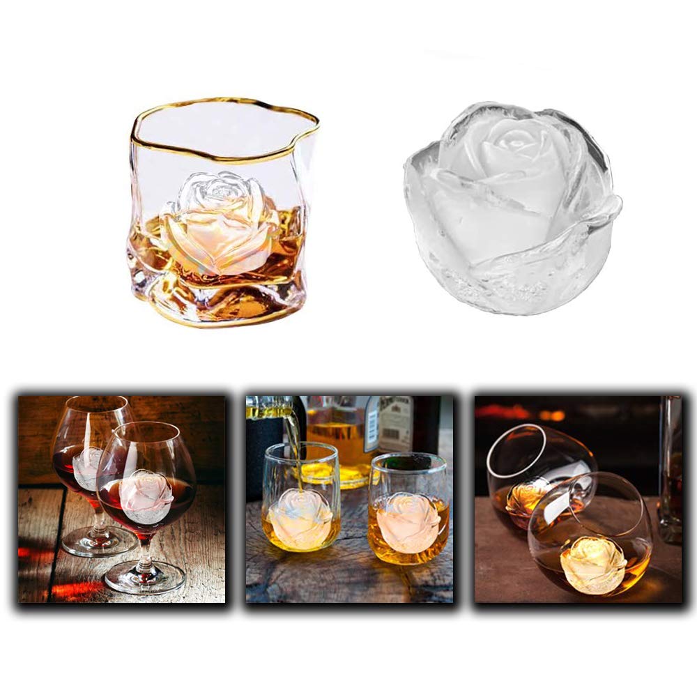 2 Pack 3D Rose Ice Cube Molds - 2 Inch Silicone Rose Shaped Ice Ball Maker for Whiskey, Cocktails, Bourbon, Chilled Drinks & Homemade Juice - Perfect for Romantic Date Nights, Parties & Home Bars