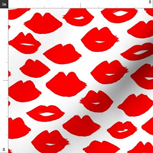 Valentine's Day Lips Kisses Printed Denim Fabric by The Yard - Red & White Lipstick Beauty Fashion Design for Apparel, Home Decor & Upholstery | Perfect for DIY Valentine Gifts, Romantic Home Textiles & Fashion Accessories