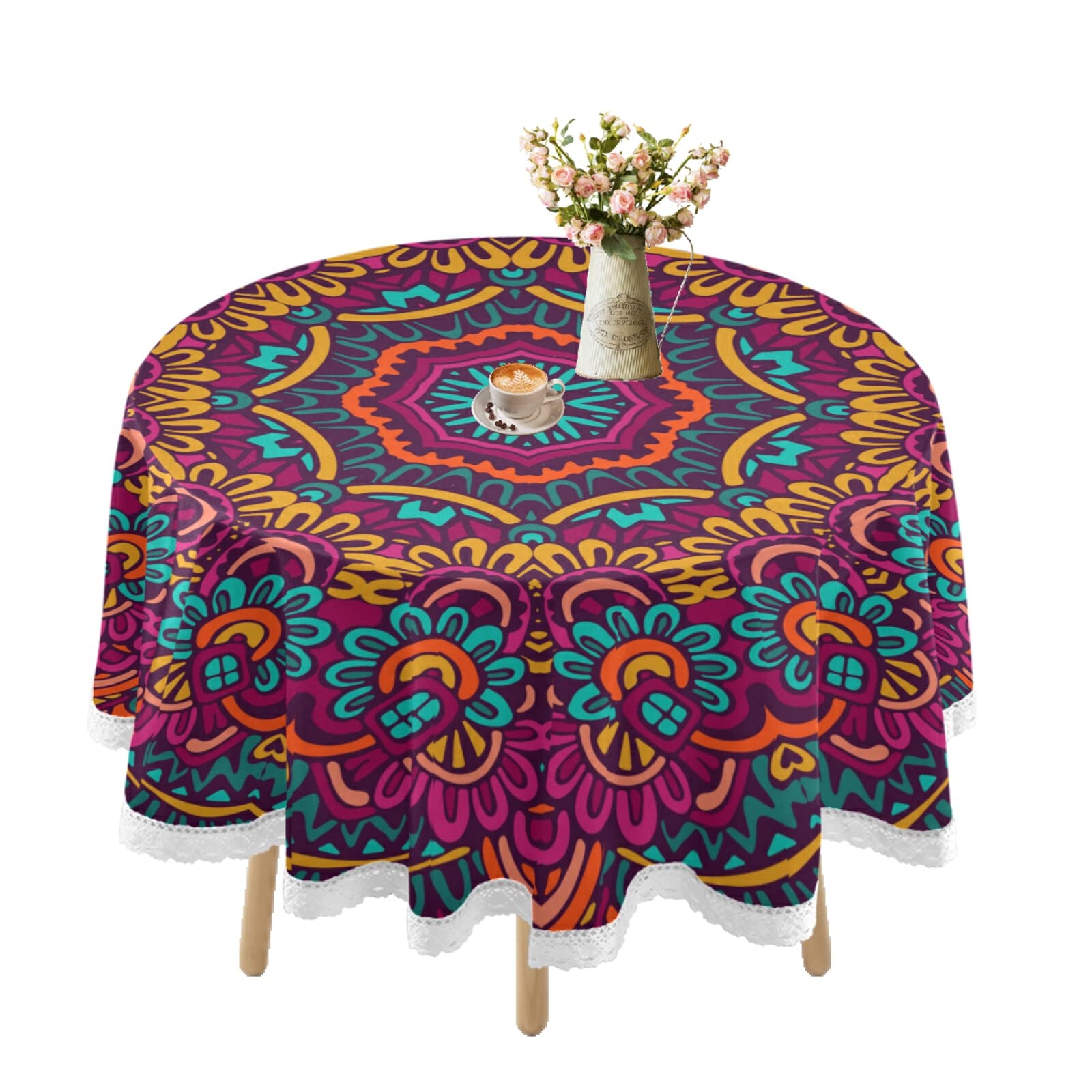 Waterproof Round Tablecloth 60 Inch - Indian Festive Mandala Design for Weddings, Parties & Outdoor Dining | Decorative Lace Table Cover for Picnics, Holidays & Kitchen Decor