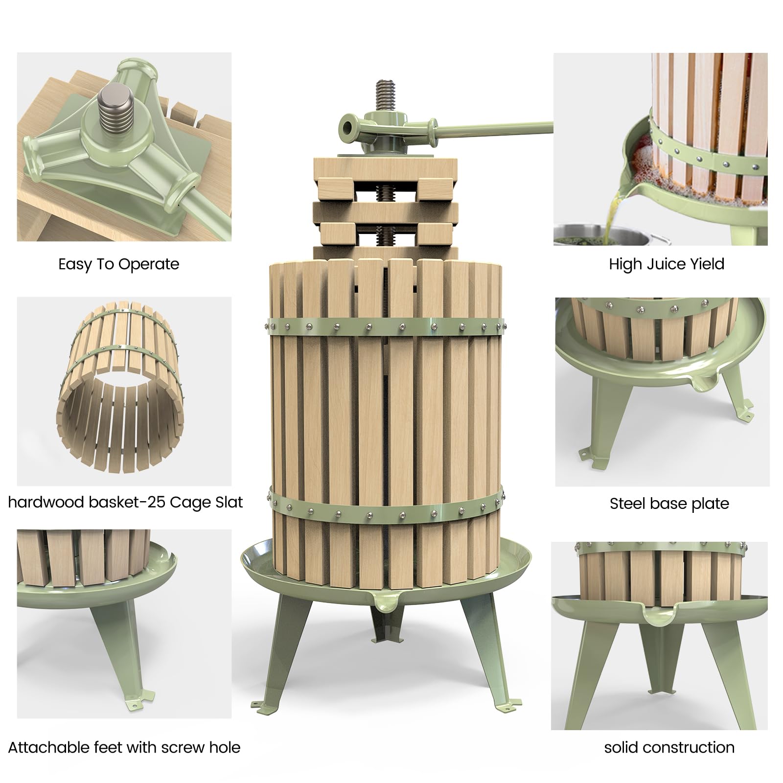 Premium Manual Fruit Wine Press - 100% Natural Apple & Grape Crusher for Fresh Juice Making | Heavy Duty 4.75 Gallon Solid Wood Cider Press | LFGB Certified | Perfect for Home Brewing, Kitchen Use & DIY Wine Making (Green)
