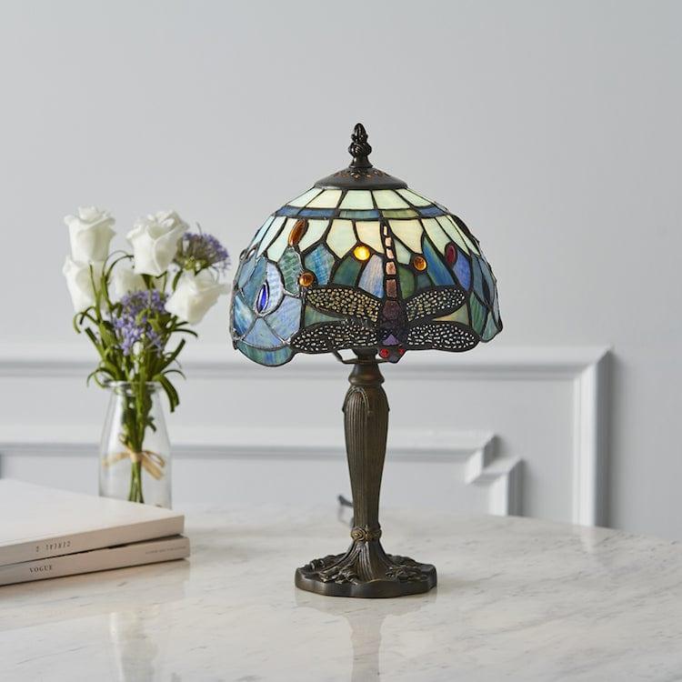 Blue Dragonfly Tiffany Style Intermediate Table Lamp - Vintage Stained Glass Decor for Living Room, Bedroom & Office