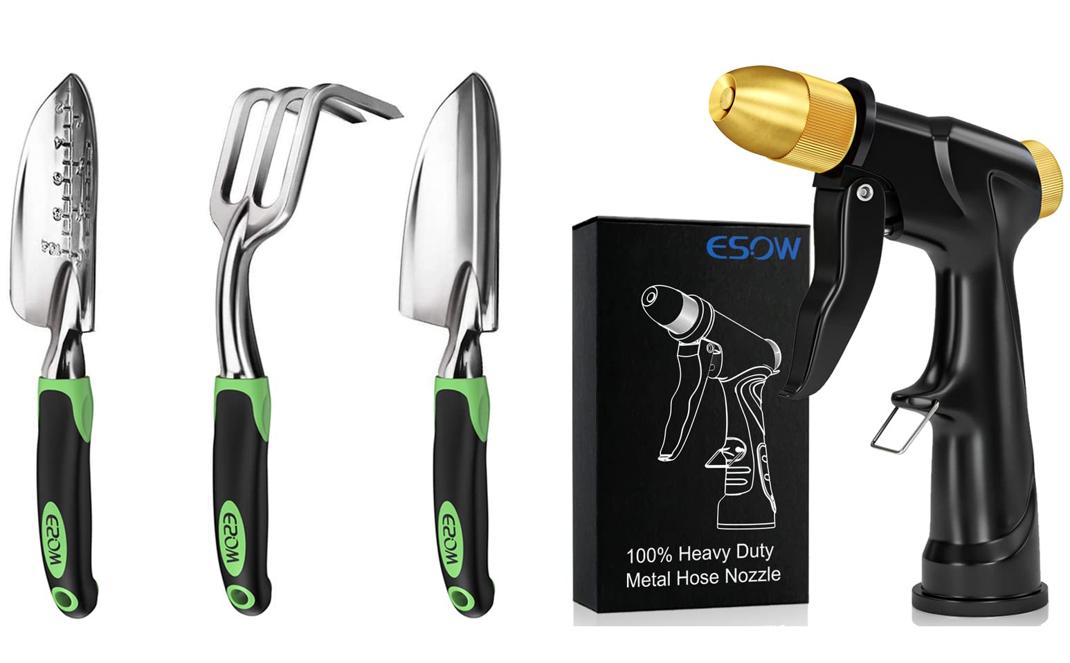 ESOW 3-Piece Heavy Duty Garden Tool Set with 100% Metal Hose Nozzle - Durable Gardening Kit for Planting, Weeding & Watering - Perfect for Lawn Care, Backyard & Outdoor Gardening