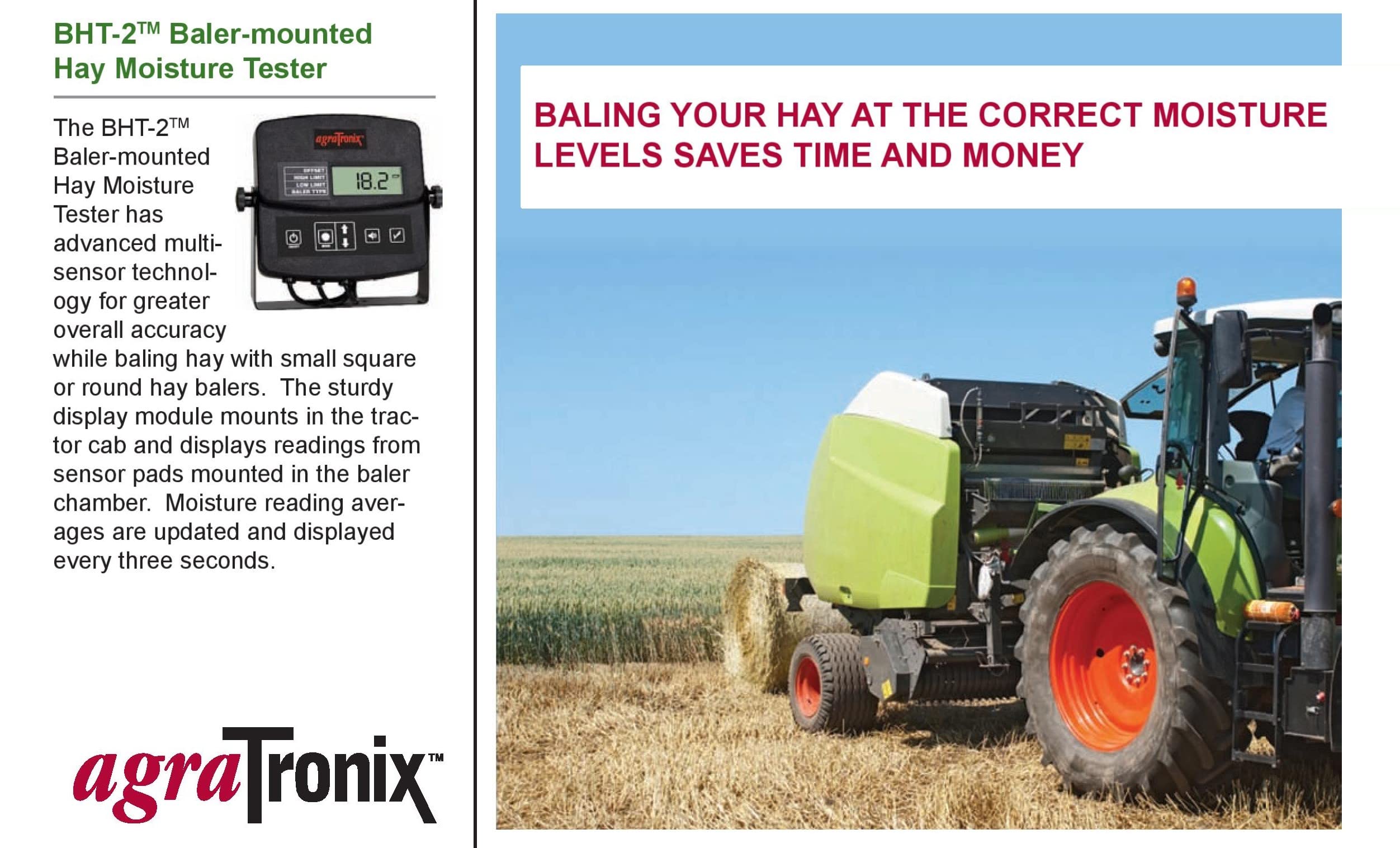 Agratronix BHT-2 Advanced Baler-Mounted Hay Moisture Tester - Accurate Forage Moisture Measurement for Farming & Agriculture - Perfect for Hay Baling, Silage Making & Crop Harvesting