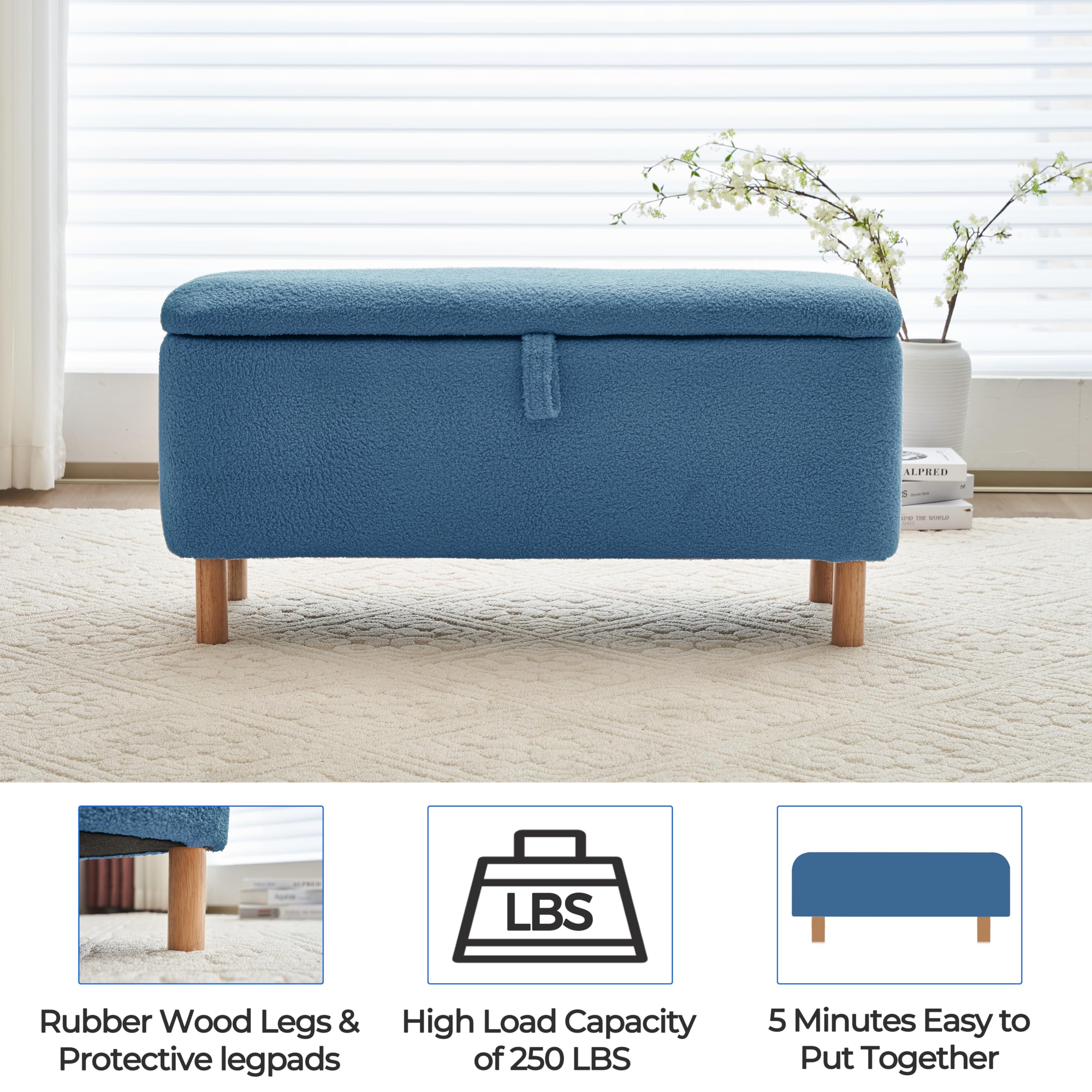 Boucle Storage Ottoman Bench with Sherpa Upholstery - Rectangle Shoe Storage Seat for Bedroom, Entryway & Living Room - Blue Padded Blanket Chest - Perfect for Bed Foot, Hallway Organization & Cozy Home Decor