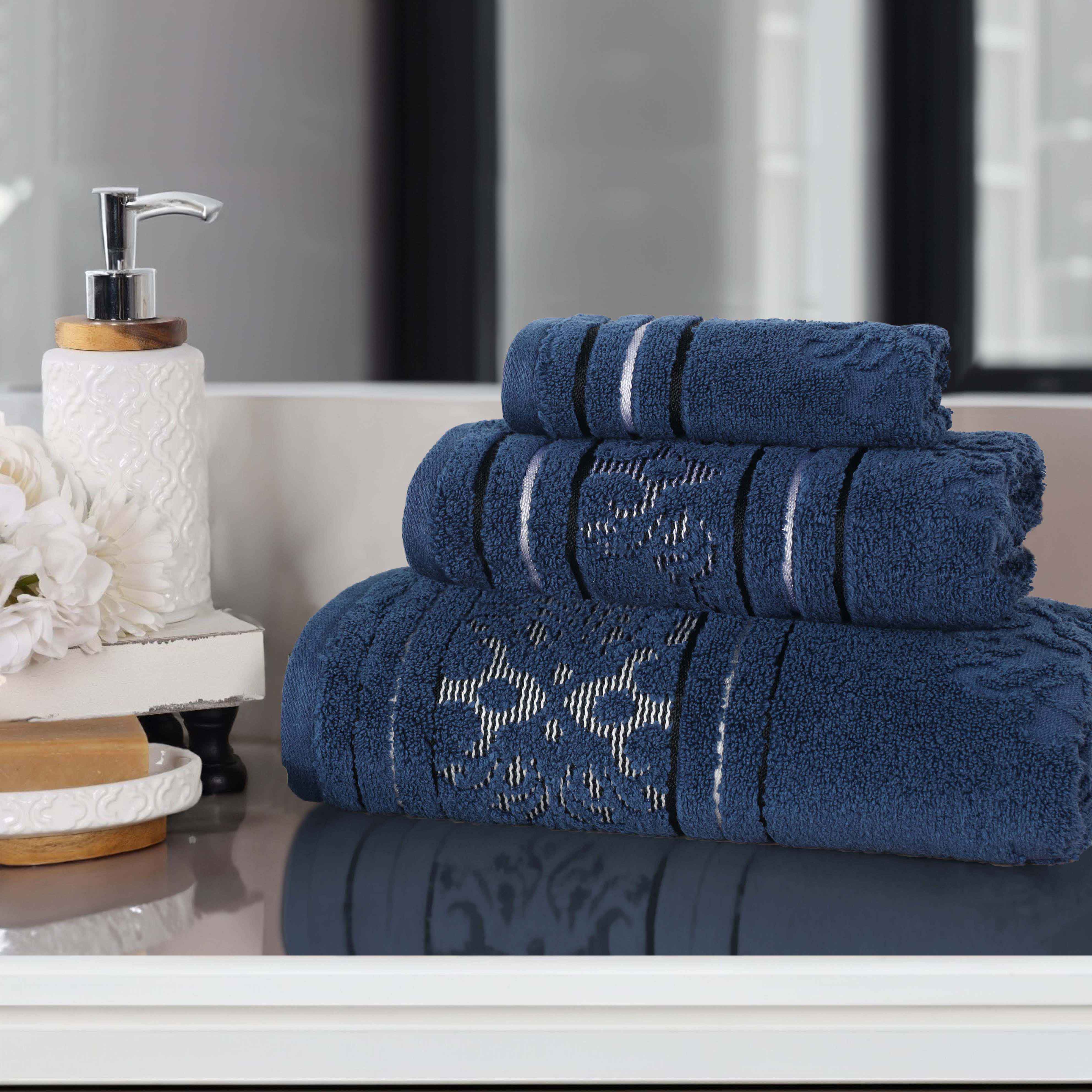 Premium Sadie Zero Twist Cotton 3-Piece Jacquard Towel Set with Elegant Floral Design - Soft Bath Towels for Spa, Guest Bathroom & Luxury Home Decor